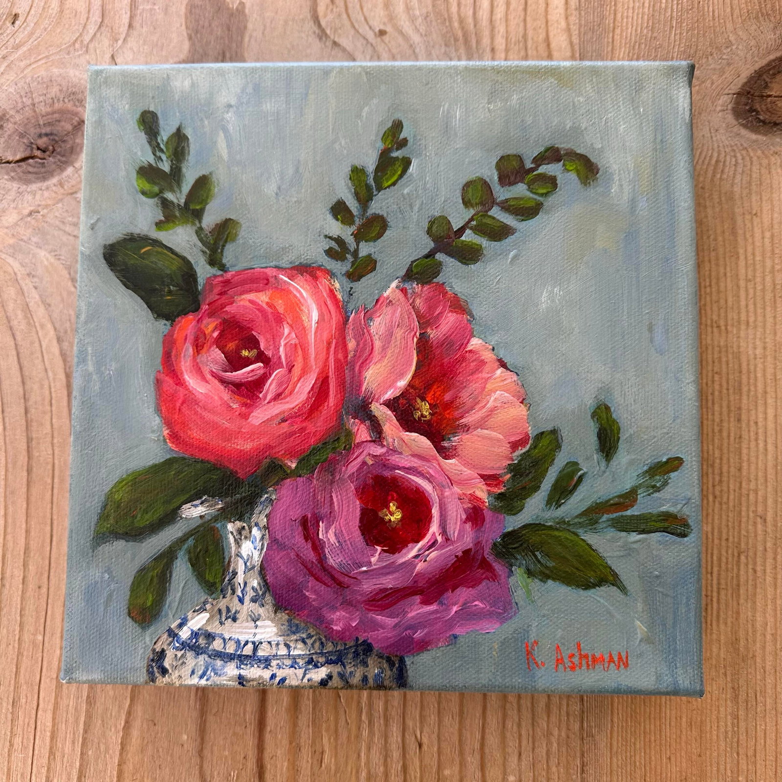 Roses Still Life Blue Willow Vase "Permission to Bloom" Original Painting by Kristin Ashman - 6
