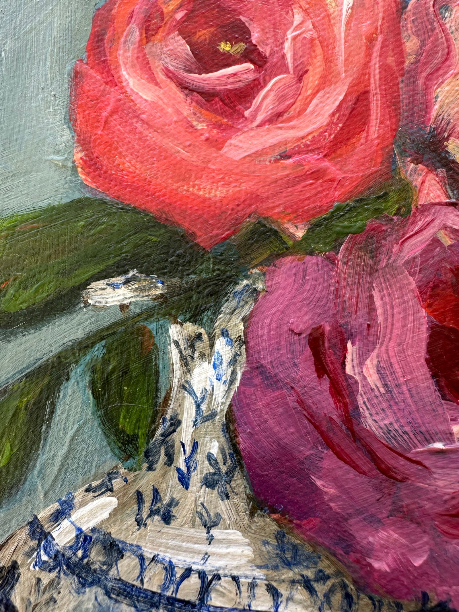 Roses Still Life Blue Willow Vase "Permission to Bloom" Original Painting by Kristin Ashman - 8