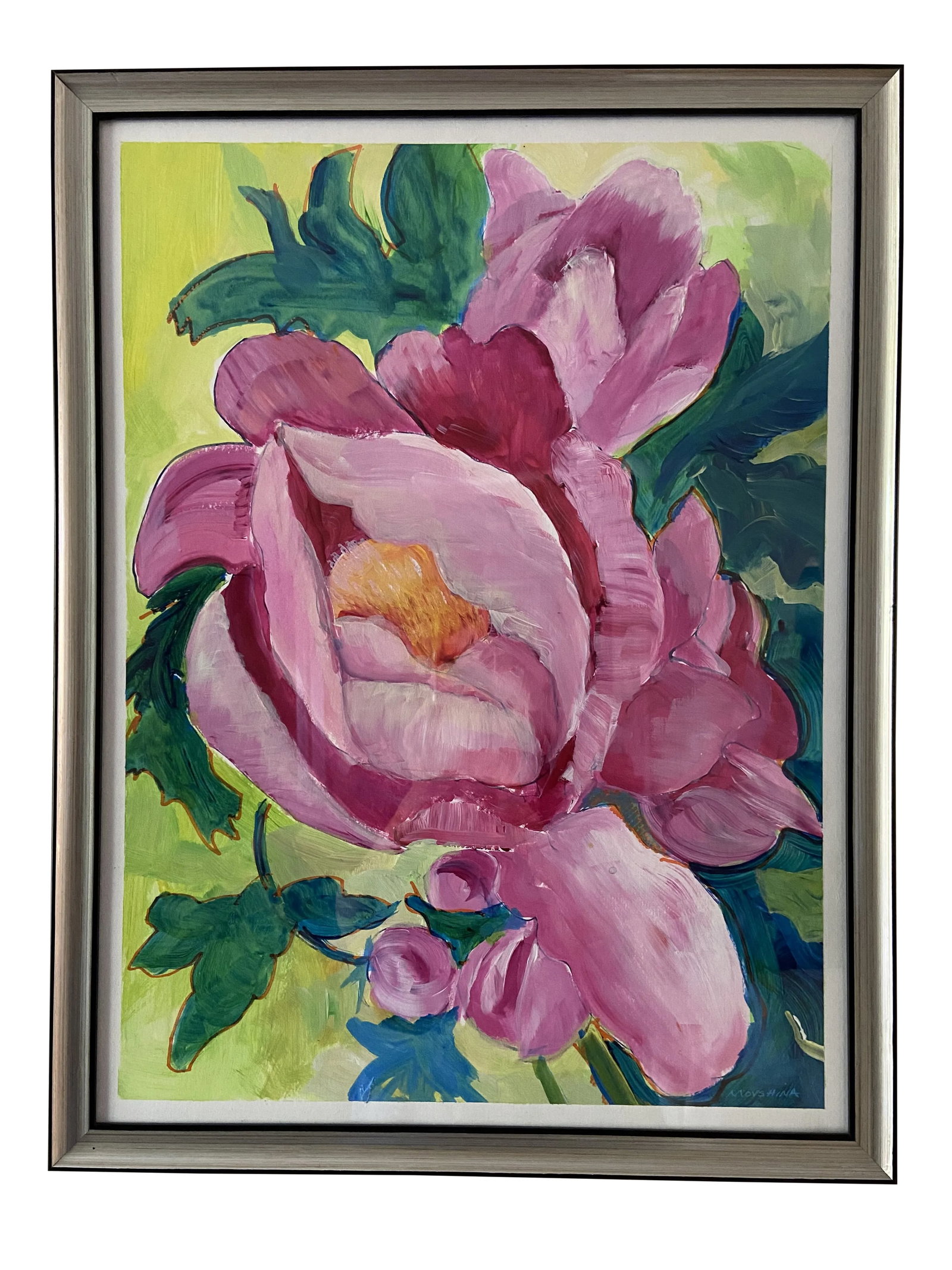 Contemporary Botanical Acrylic Painting of a Peony Bud by Marina Movshina, Framed: A stunning contemporary acrylic painting of a pink peony bud created plein-air in my garden. Like Giverny for Monet, it is my favorite place to paint. This paint was featured in an Exhibition of Botan