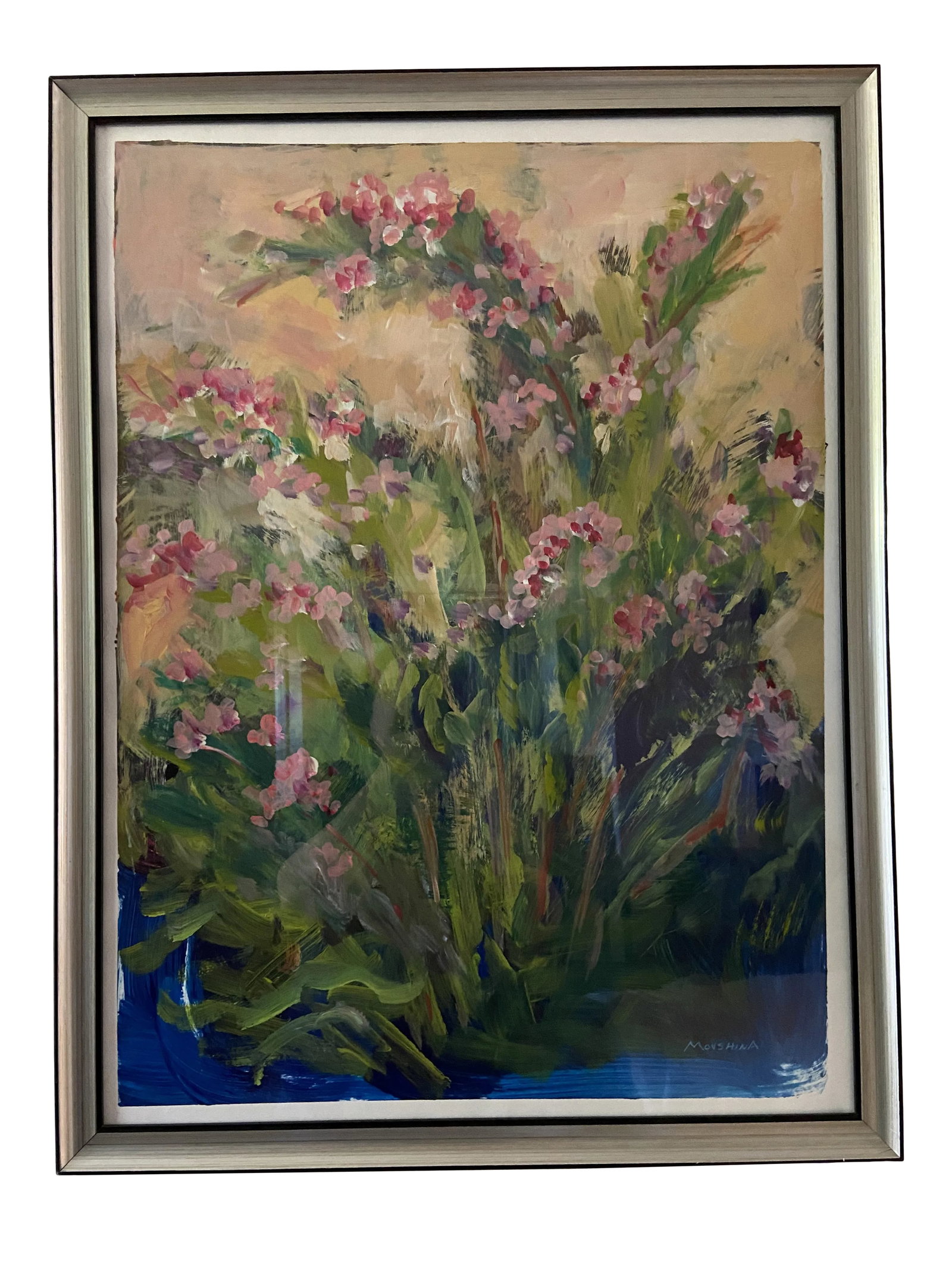 Contemporary Botanical Acrylic Painting of a Wiegelia by Marina Movshina, Framed: A stunning contemporary acrylic painting of wiegelia created plein-air in my garden. Like Giverny for Monet, it is my favorite place to paint. This paint was featured in an Exhibition of Botanical Ill