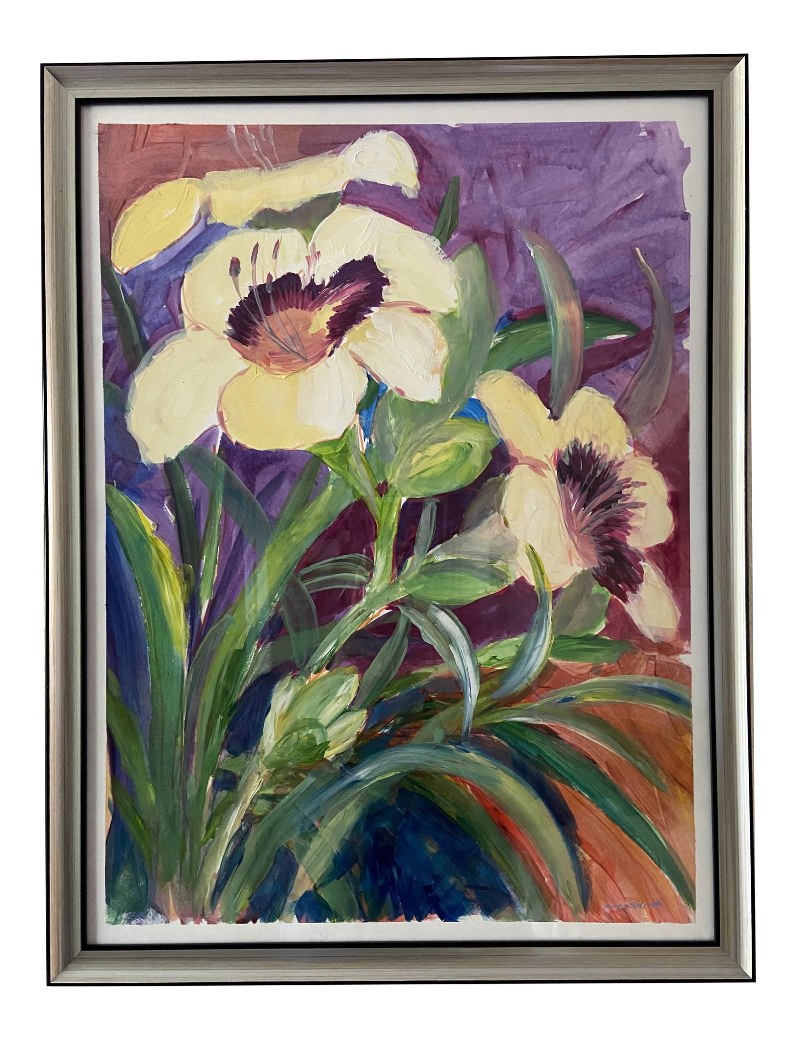 Contemporary Botanical Acrylic Painting of a Cream Day-Lily by Marina Movshina, Framed: A stunning contemporary acrylic painting of cream day-lily created plein-air in my garden. Like Giverny for Monet, it is my favorite place to paint. This paint was featured in an Exhibition of Botanic