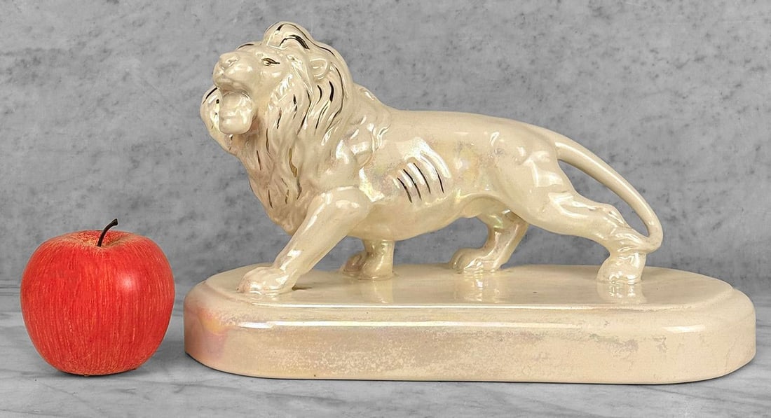 Vintage 12" Hollywood Regency White Luster Porcelain Lion Sculpture - 2