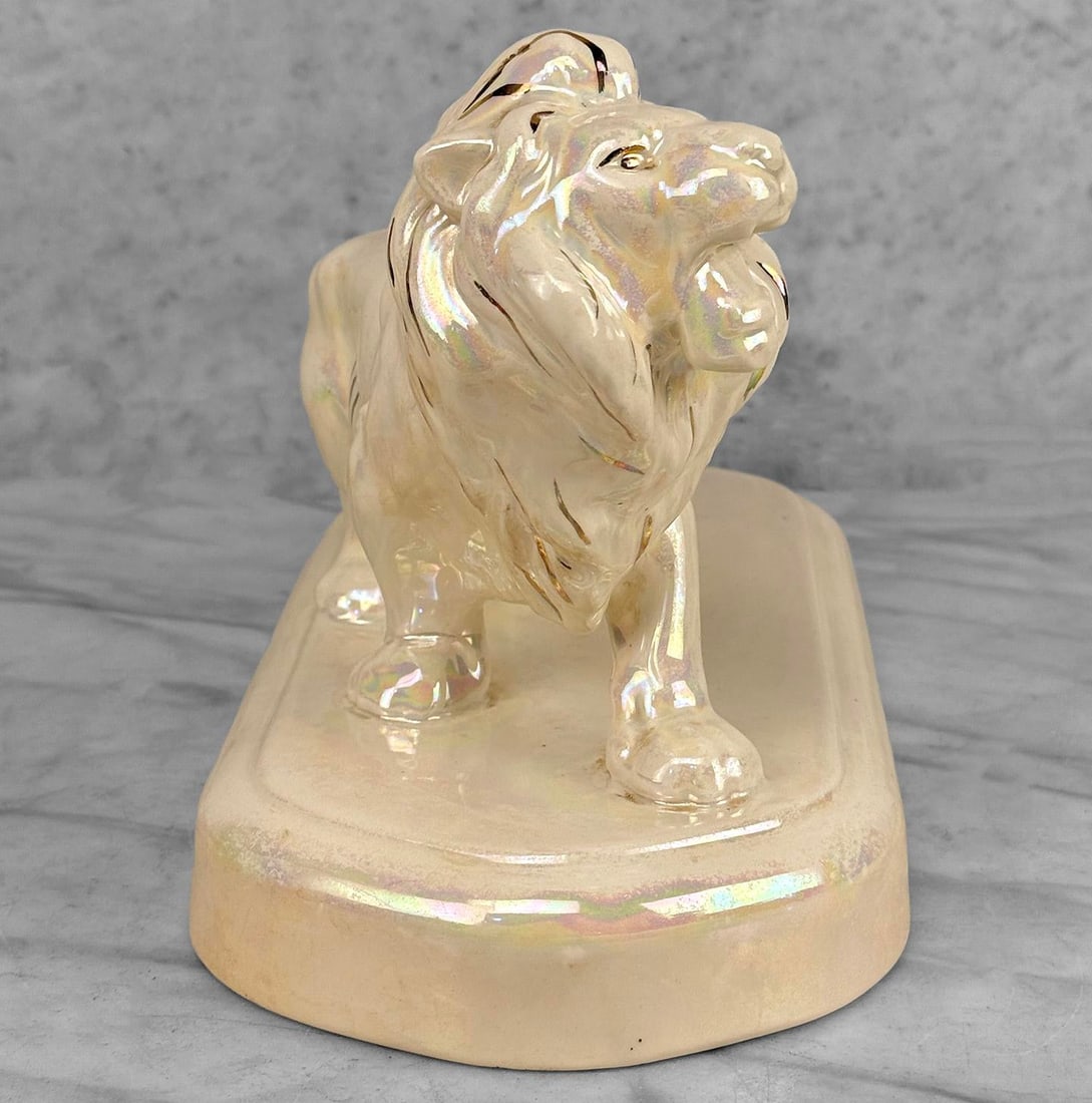 Vintage 12" Hollywood Regency White Luster Porcelain Lion Sculpture - 5
