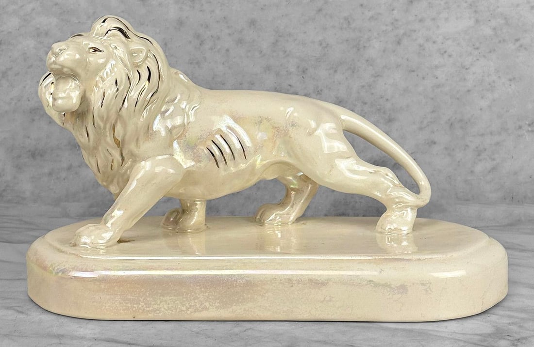 Vintage 12" Hollywood Regency White Luster Porcelain Lion Sculpture - 6