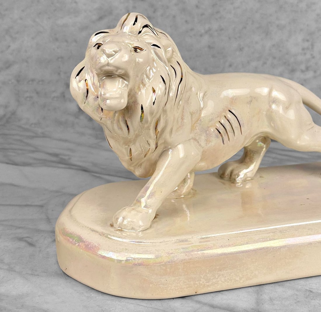 Vintage 12" Hollywood Regency White Luster Porcelain Lion Sculpture - 8
