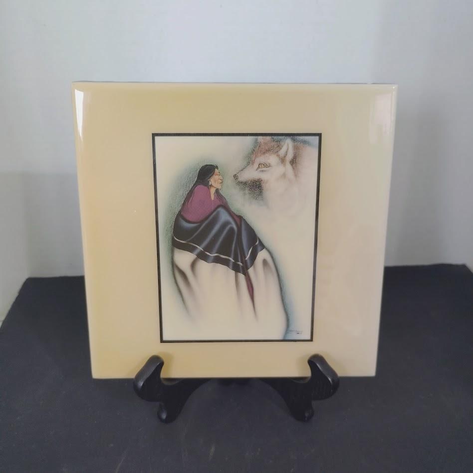 Vintage Mid Century Painted Ceramic Art Tile "The Fox Song" by Kiowa Native American Artist Robert R - 2
