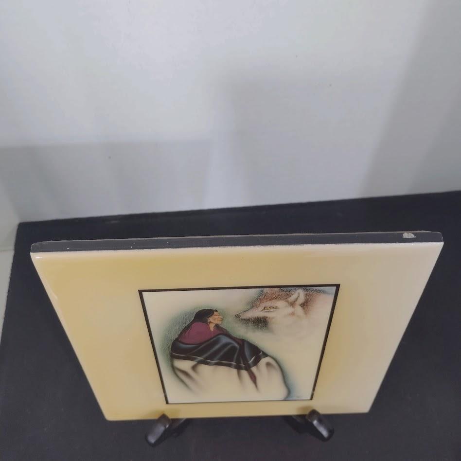 Vintage Mid Century Painted Ceramic Art Tile "The Fox Song" by Kiowa Native American Artist Robert R - 4