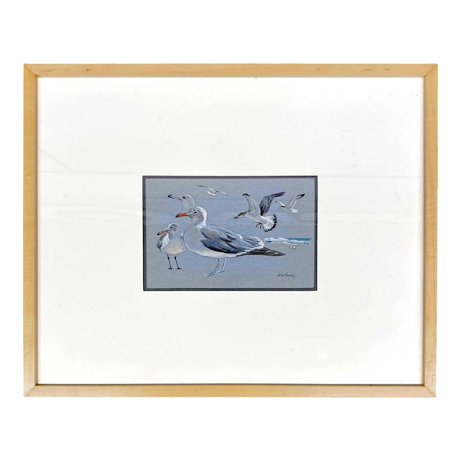 Original William Timmins (American, 1915-1985) Seagulls Painting - Mid-20th-Century Monterey Coastal: This original painting by William Timmins is a quiet and thoughtful study of seagulls in motion. Timmins captures their movements and forms in a way that invites the viewer to appreciate the details o
