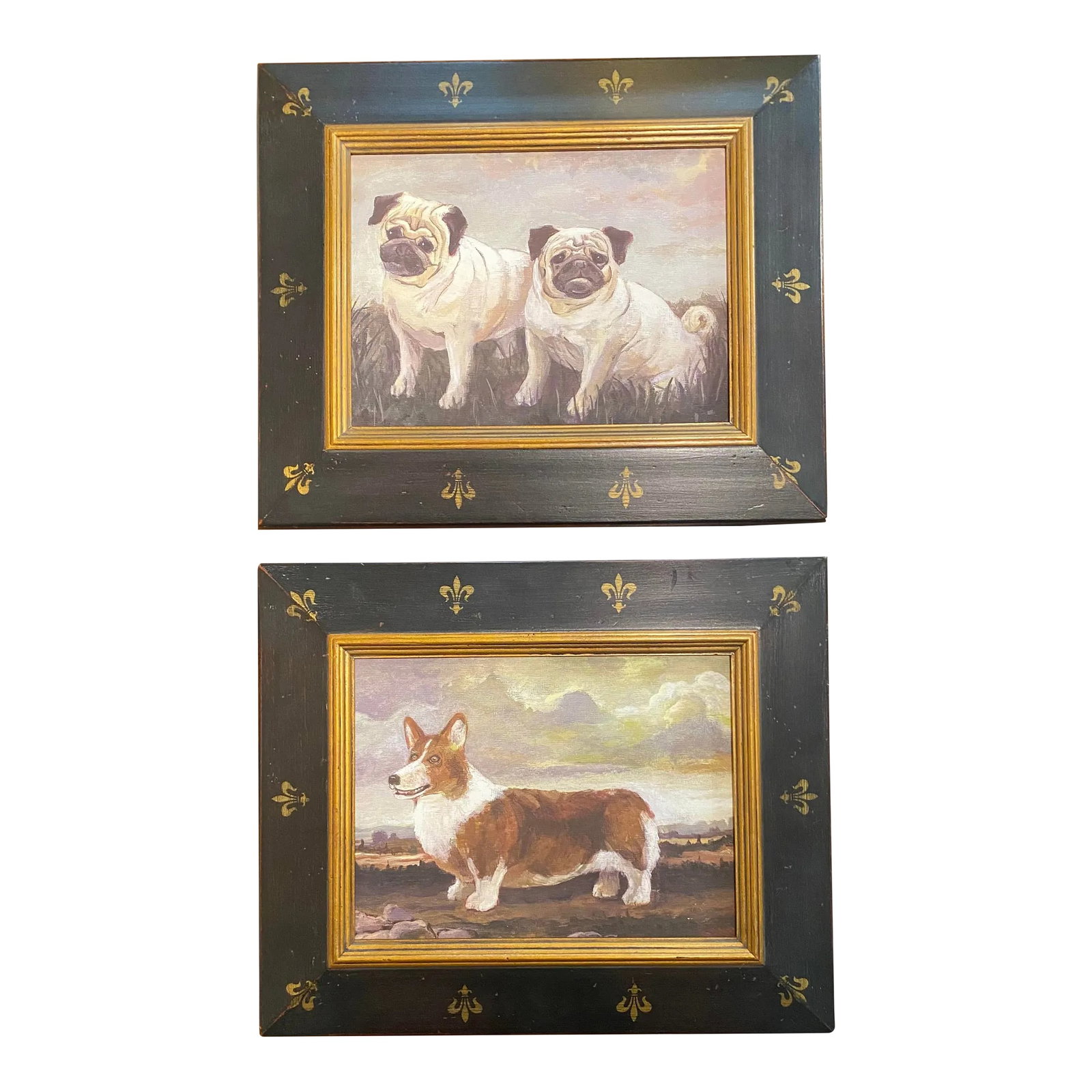 Late 20th Century W. King Ambler Dog Giclee Portrait Prints, Framed - a Pair: Fun pair of original giclees produced by the highly regarded Designer decorative Arts firm W. king Ambler. One is of a pair of pugs and the other is of a corgy and both are in hand stenciled wood