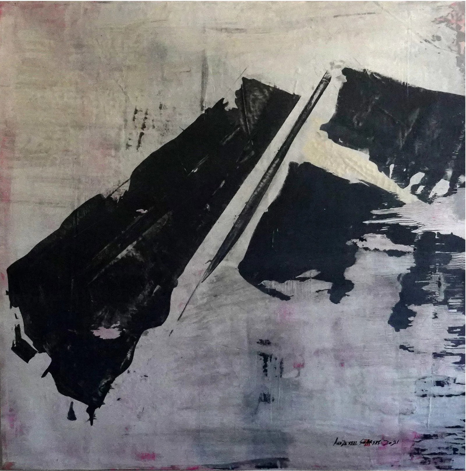 "Amaze XXXI" Contemporary Abstract Mixed-Media Painting: Stunning shades of gray are contrasted and complemented by vibrant pink with a twist in this one-of-a-kind 44X44" abstract painting. painting is signed dated and stamped on the front. Painting ship