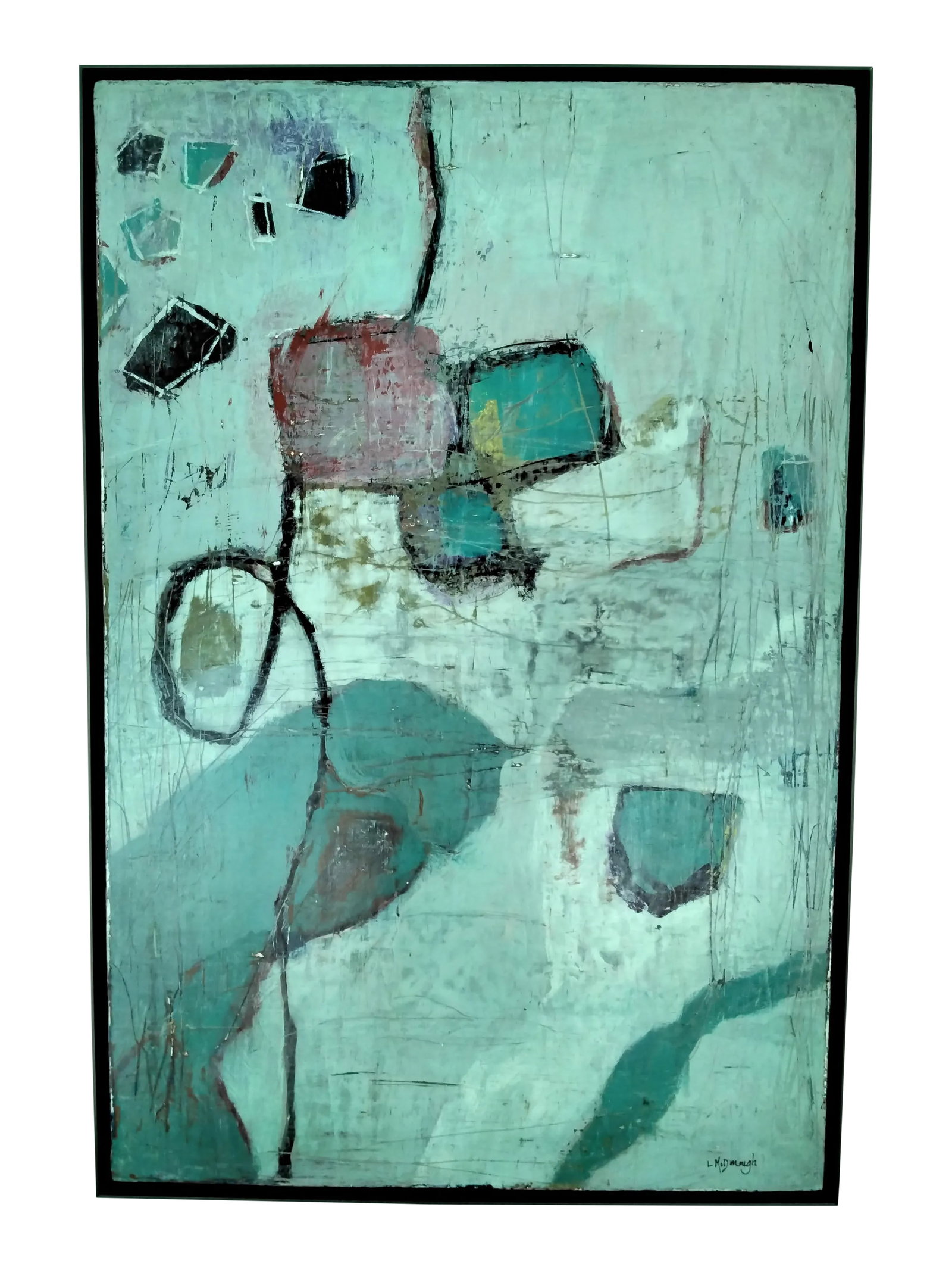 "Somewhere Along the Way" Contemporary Abstract Expressionist Acrylic Painting, Framed by Linda McDo: "Somewhere Along the Way" In this abstract expressionist work, L. McDonough explores the interplay of form, texture, and emotion through layered surfaces and gestural linework. Soft greens and teals