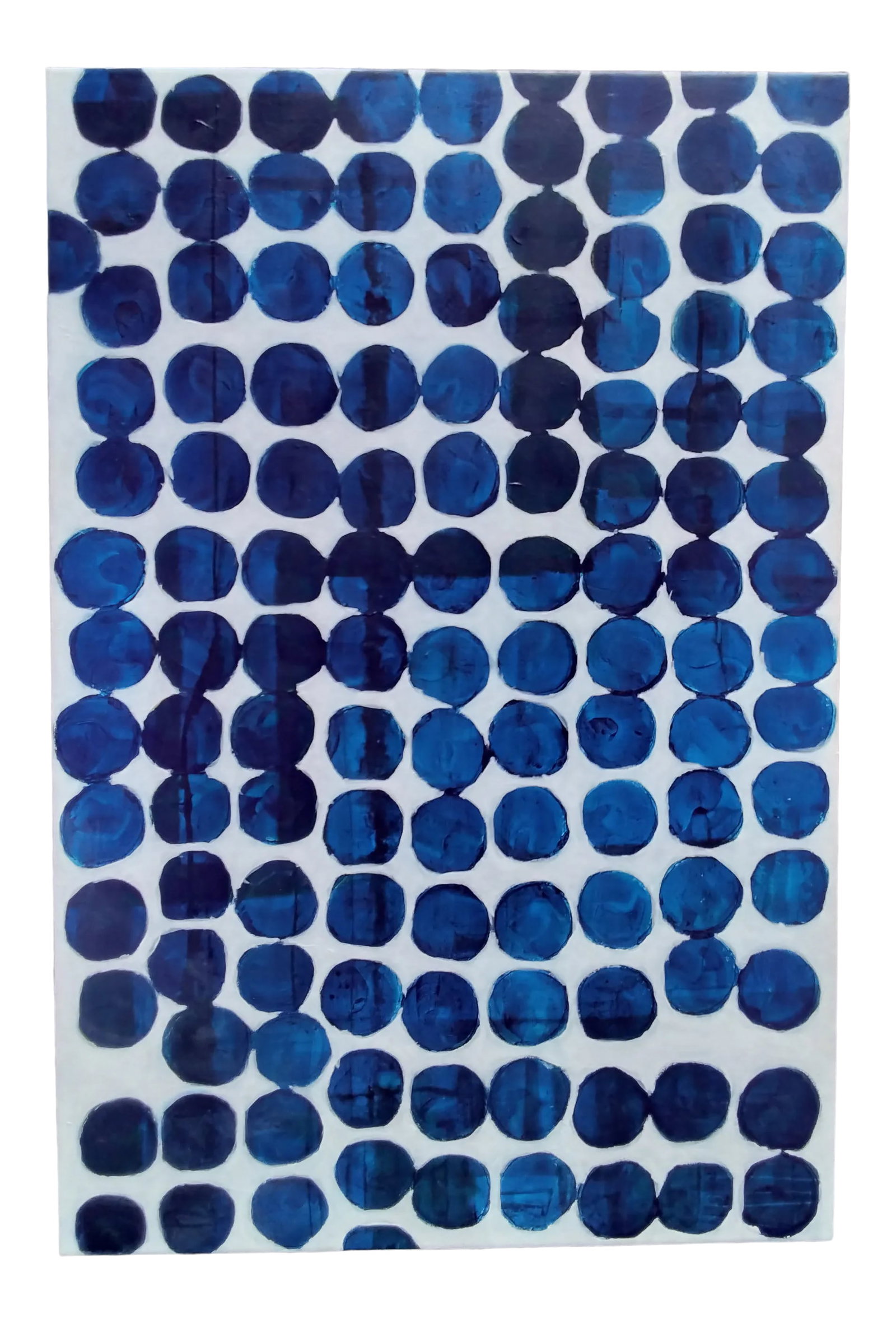 "One Among Many" Contemporary Original Abstract Acrylic Painting by Linda McDonough: "One Among Many" is a bold meditation on rhythm, structure, and subtle individuality. Composed of uniform, deep indigo circles arranged in a rigid grid, the painting initially suggests order and repet