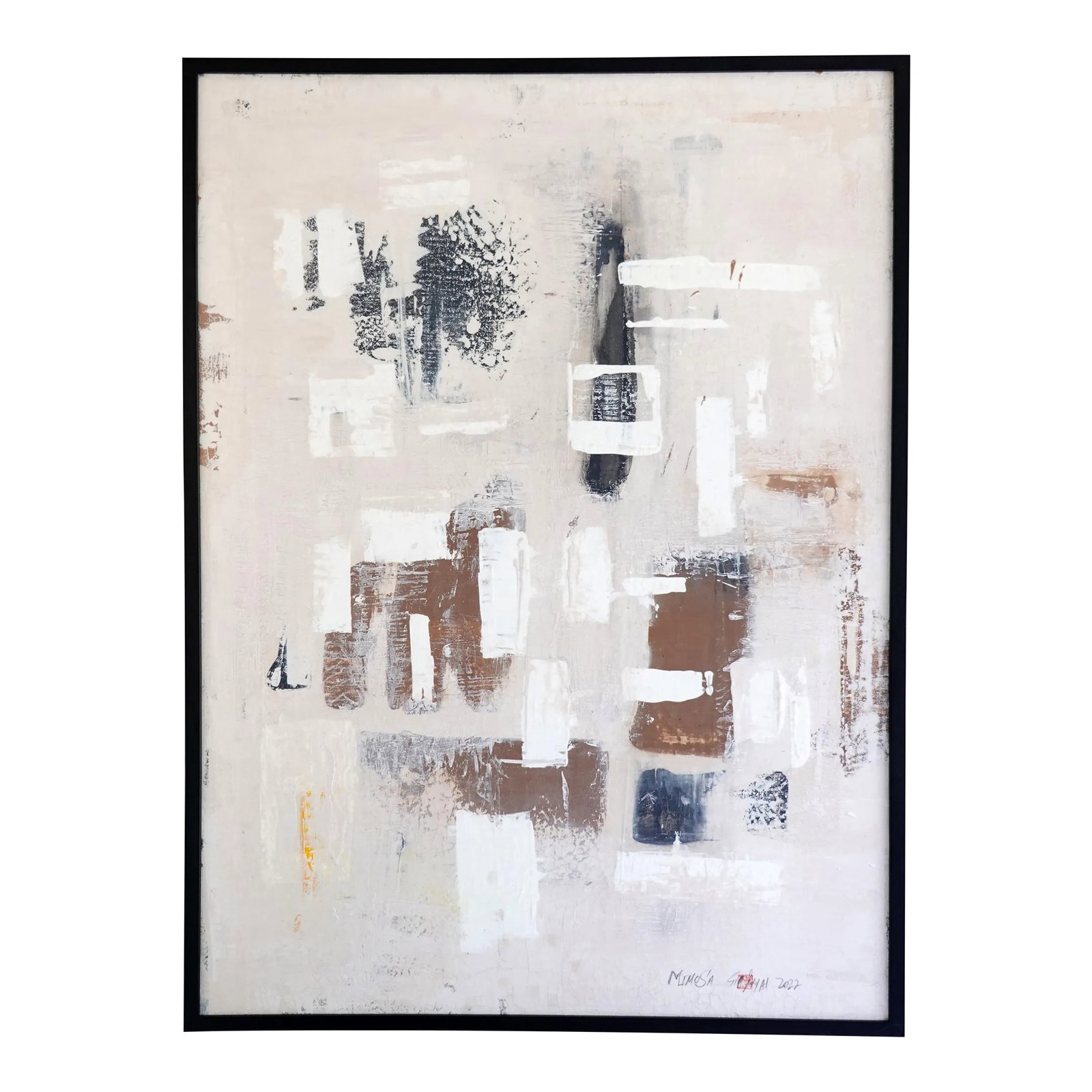"Mimosa" Contemporary Original Abstract Mixed-Media Painting by Sia Aryai, Framed: Bring more Life, Motivation & Happiness to your Walls A neutral palette with a splash of tan evokes soft appeal in this one-of-a-kind abstract painting Painting is a 30X42" heavyweight canvas that