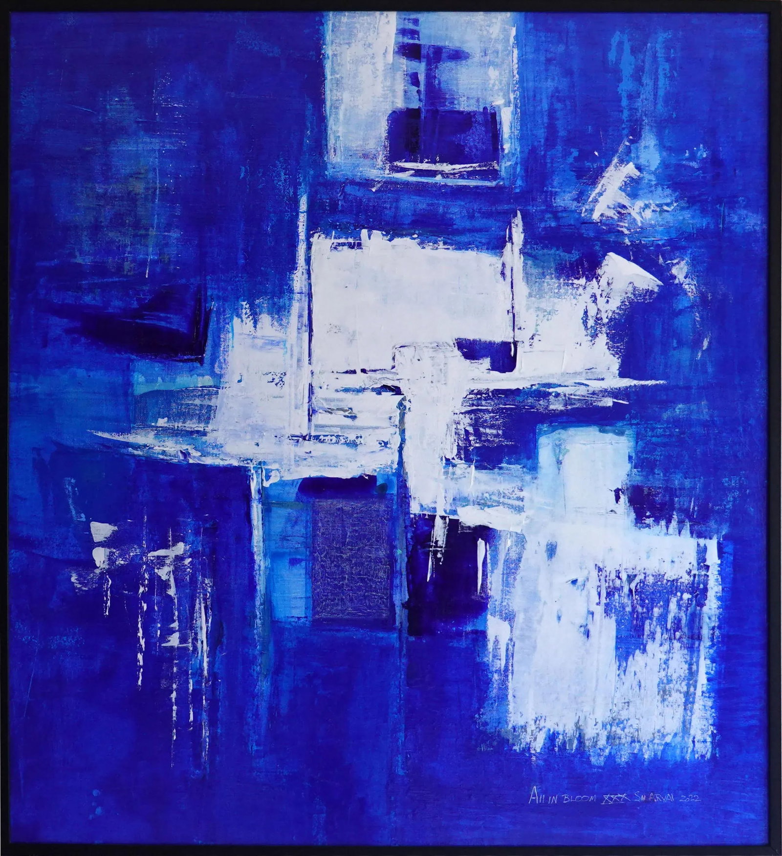 "All in Bloom. XXX" Contemporary Original Abstract Mixed-Media Painting by Sia Aryai: Stunning shades of blue are contrasted with a twist in this one-of-a-kind 42X46" heavyweight canvas painting. It comes custom-framed in a 43X47X1.75" black shadow box frame. Signed, dated, and