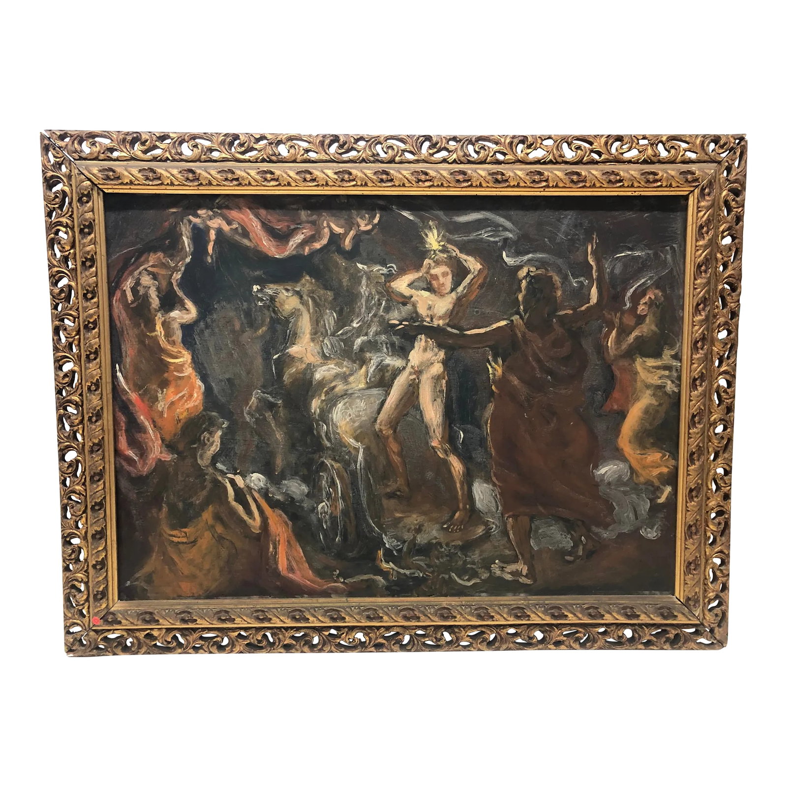 1950s Religious-Themed Original Painting by Joseph Grimeland, Framed: All offers considered. This intriguing painting is created by Joseph Grimeland, artist/ Norway known for his sculptures.... Beautiful ornately carved antique precious metal gold leaf frame. fr