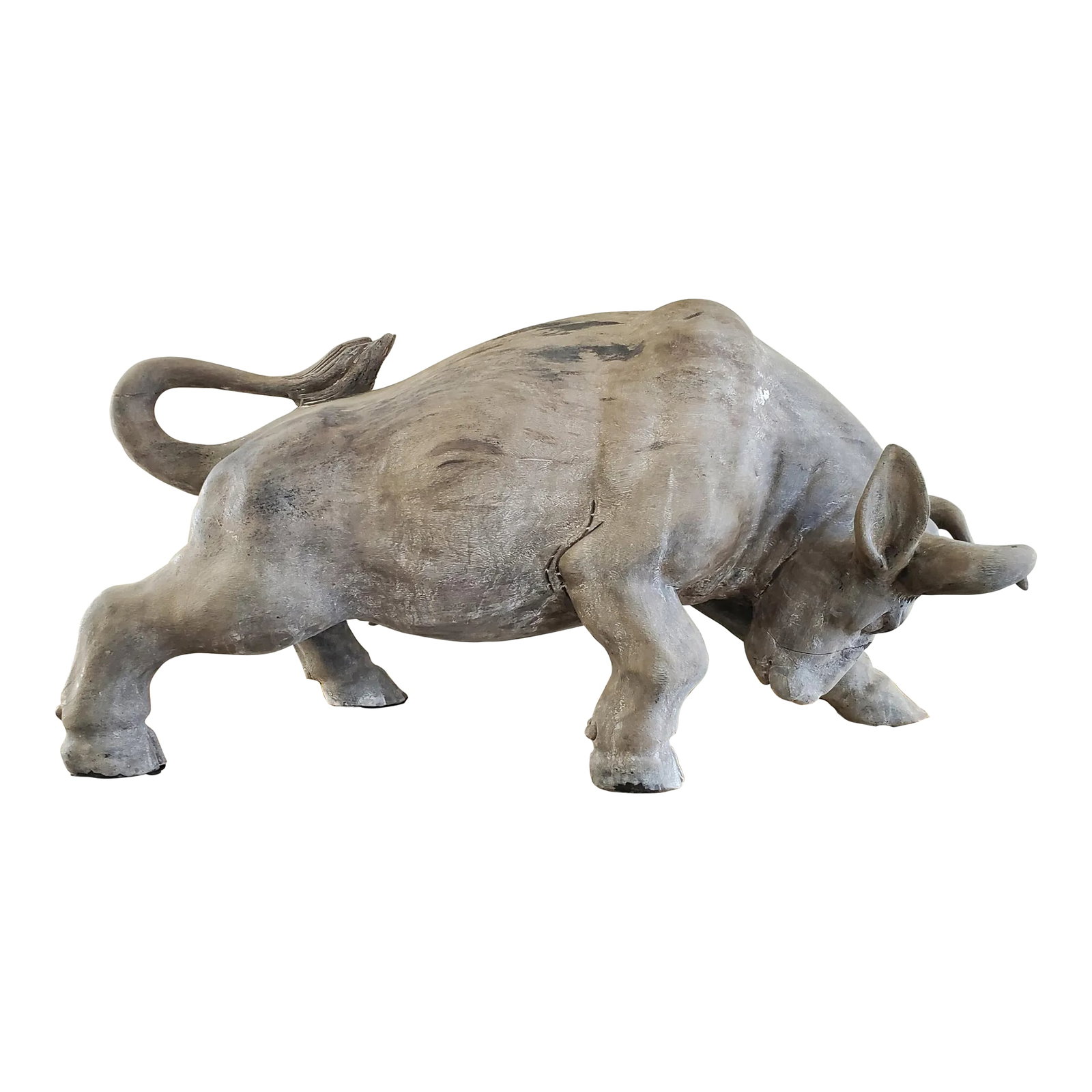 Vintage Carved Teak Bull Sculpture: Large Carved Bull Sculpture Hand carved teakwood Bull 40" length 12.5" width 20.5" height Impressive carved sculpted bull has wonderful color and patina. This interesting decorative sculpture is