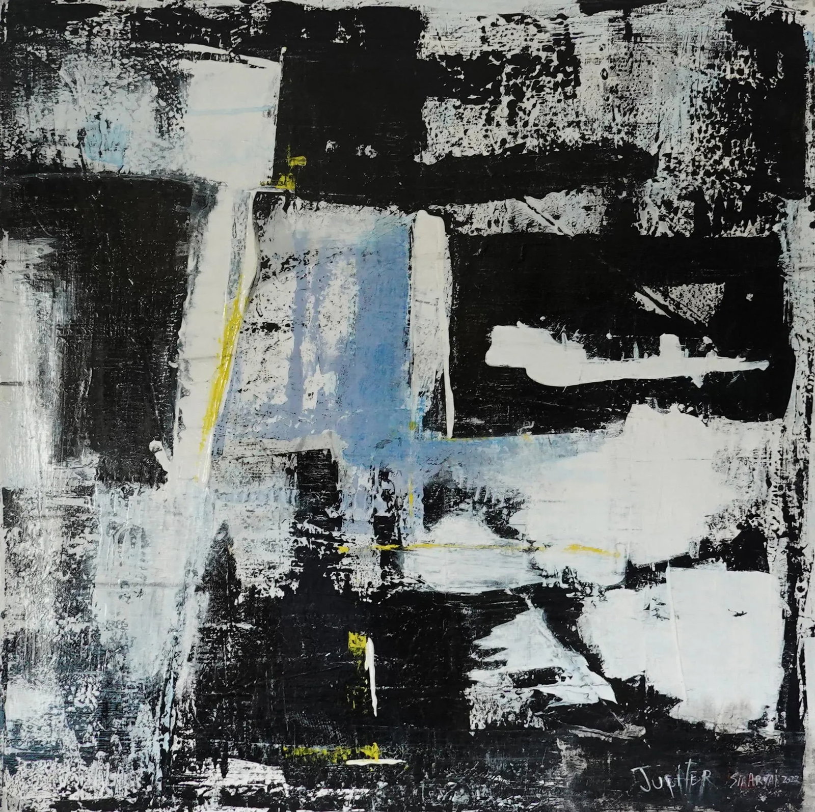 "Jupiter" Contemporary Original Abstract Mixed Media Painting by Sia Aryai: Jupiter Black squares in soft focus sit on a white field, creates a modern tone it always makes a statement. This original abstract gallery-wrapped , hand stretched 40X40" on 1.5" stretcher bar. It