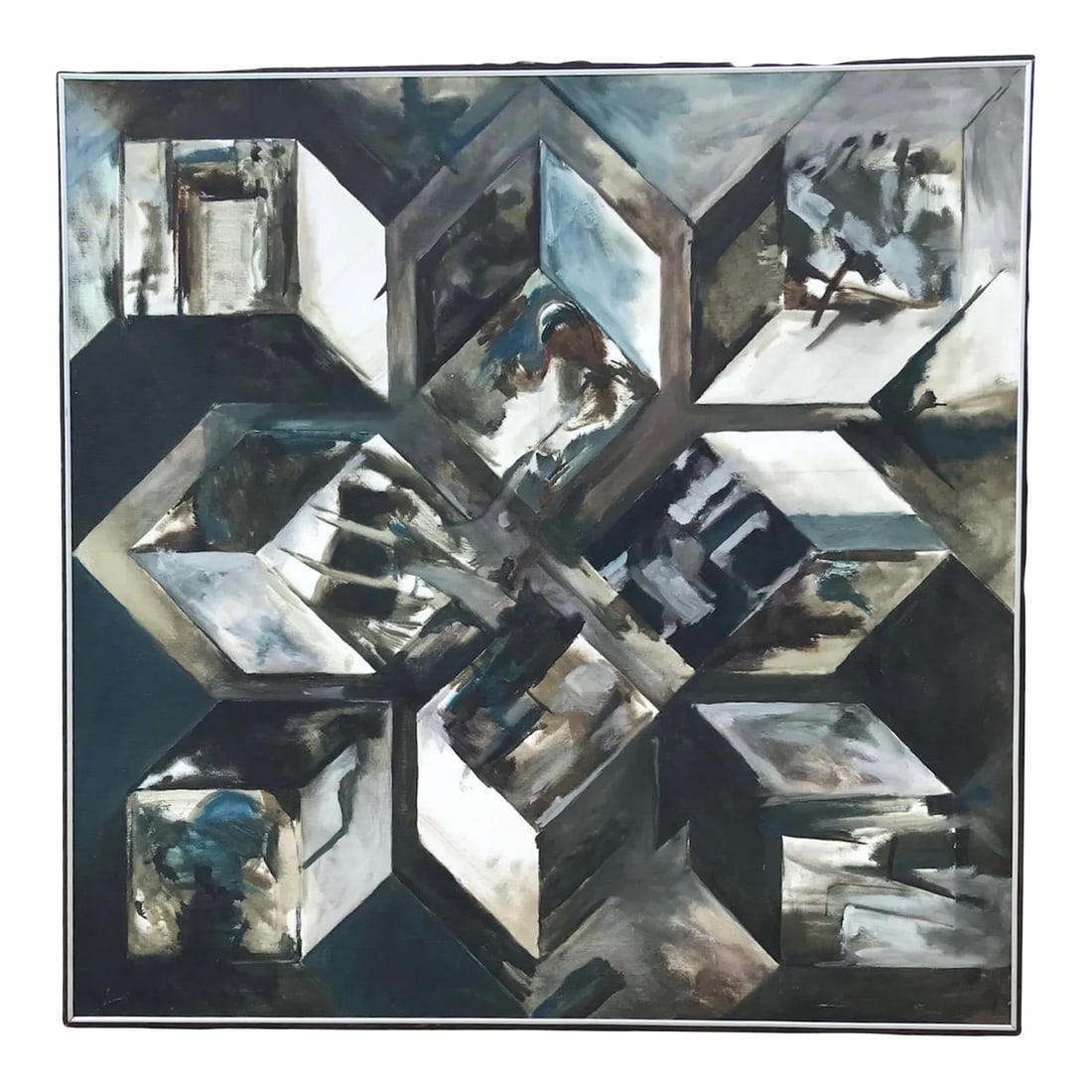 Steve Redman Oil on Canvas Painting Titled Theoretical Maximum 1967: A framed 1967 Oil on Canvas Painting titled "Theoretical Maximum" by Indianapolis artist Steve Redman (born 1944). Redman received a scholarship and studied in the summer of 1965 at the Woodstock loca