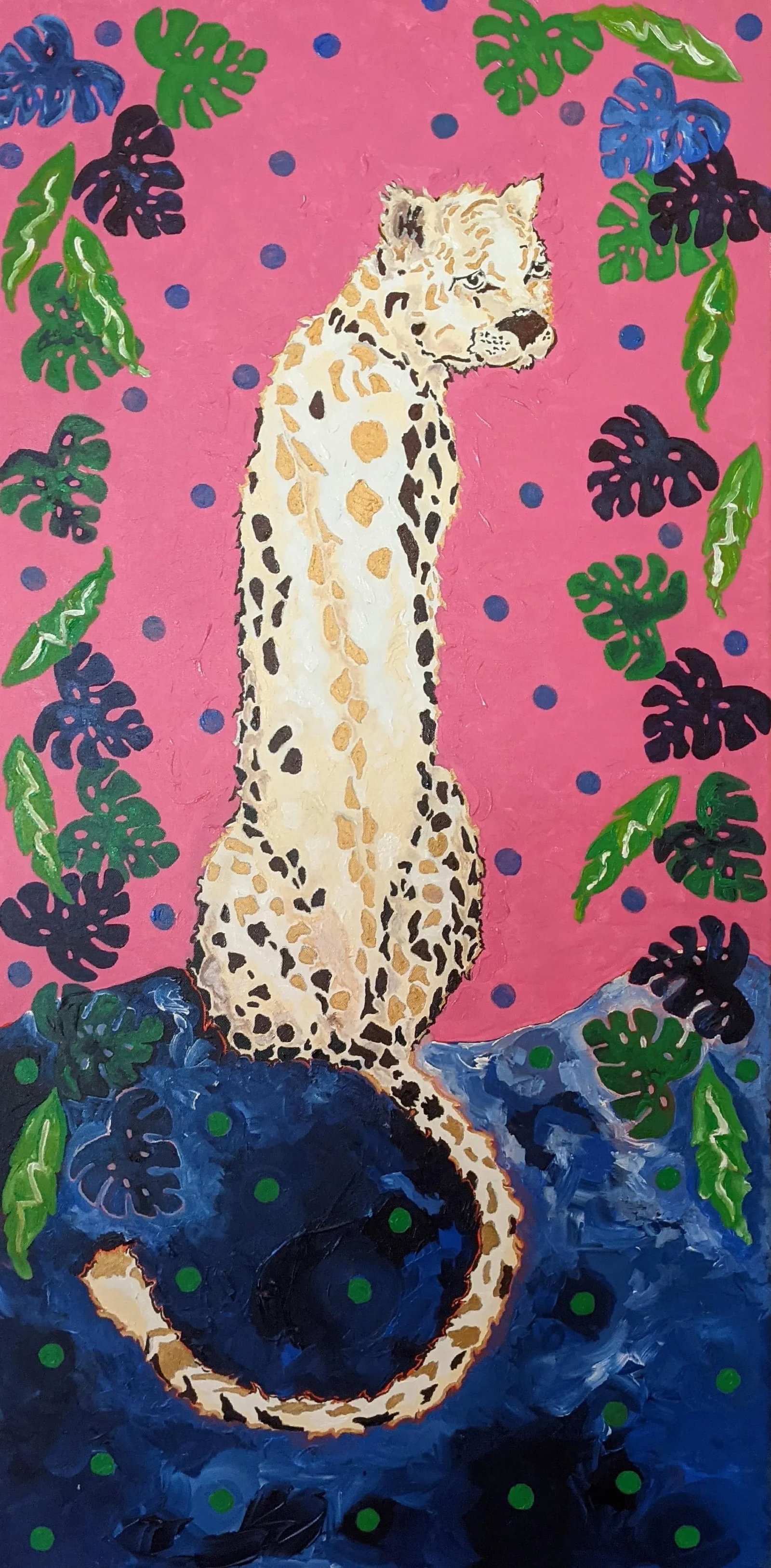 Contemporary Expressionist Whimsical Abstract Acrylic Painting of a Big Cat on Canvas: Second in a series. Mixed Media - Acrylic with Charcoal on canvas. 48 * 24 Unframed. Condition: Alterations: Original Condition Unaltered Imperfections: Some Imperfections Condition Notes: Just