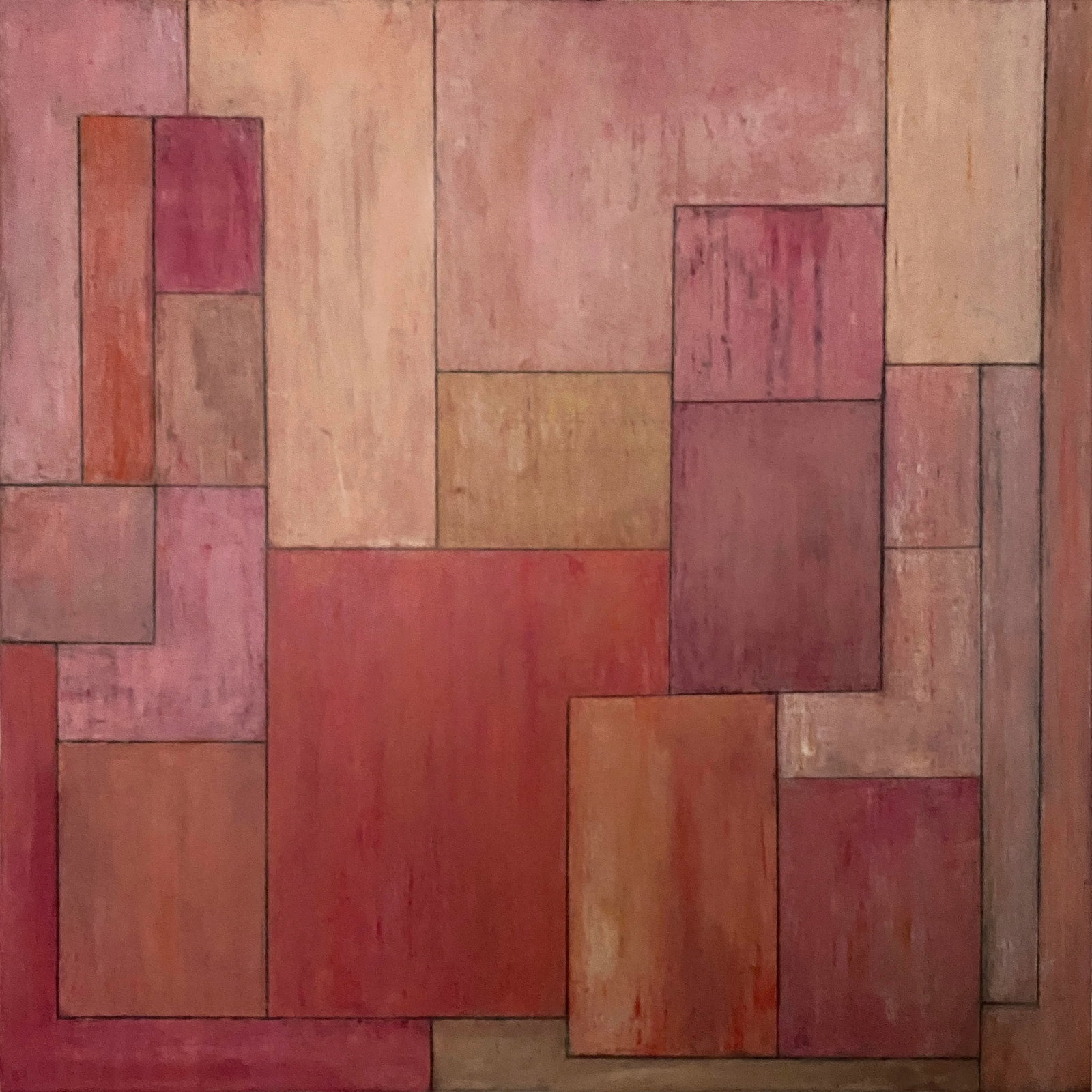 Contemporary Geometric Abstract Square Oil Painting by Stephen Cimini: A recent painting concentrating on geometric shapes, unusual color combinations and textures. Oil paint, cold wax medium, marble dust on gallery wrapped canvas. The painting continues around the