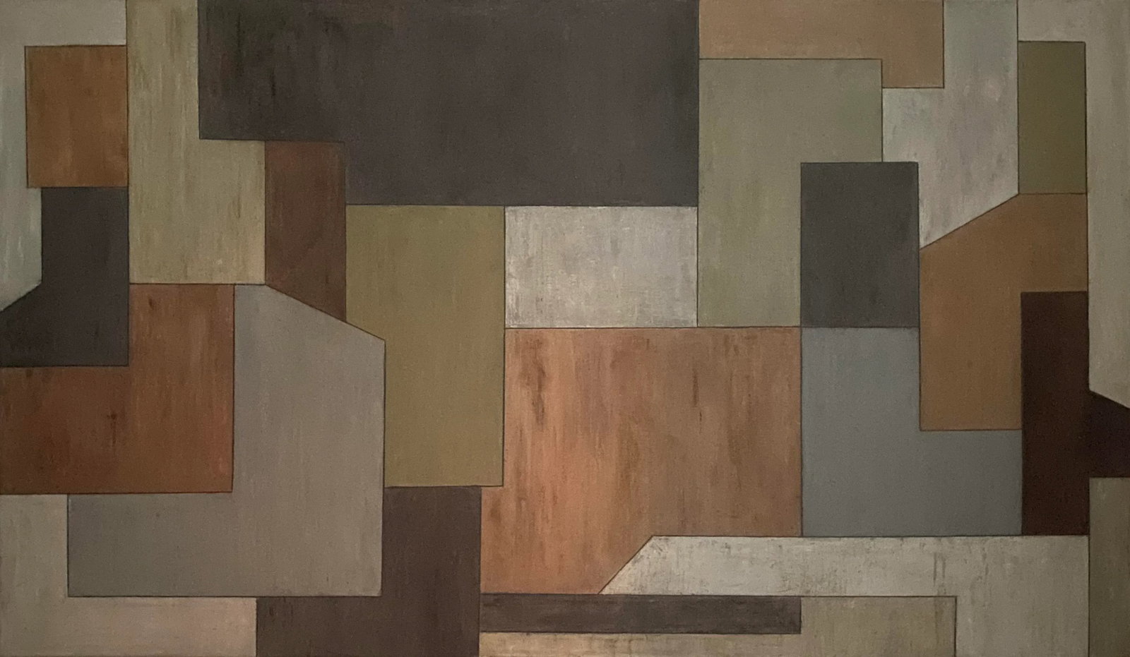 Contemporary Large Horizontal Geometric Abstract Oil Painting by Stephen Cimini: Geometric abstract painting using earth colors. The calm color palette envokes a tranquil atmosphere. A combination of cold wax medium and marble dust are used with oil paint. The painting continues