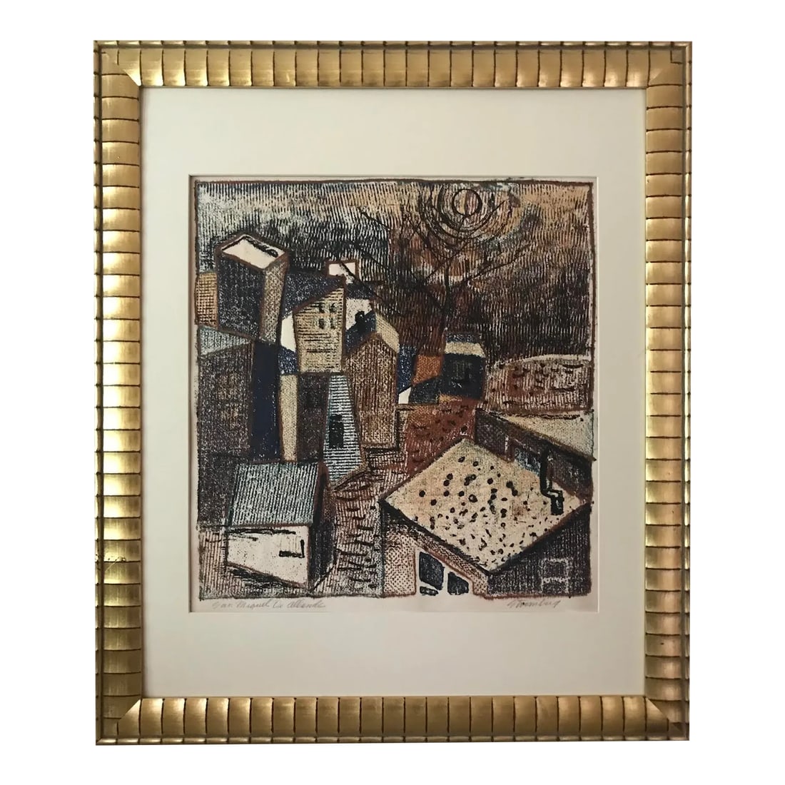 Vintage Expressionist Woodblock Print "San Miguel De Allende" by Harry Sternberg: Vintage original large woodblock print on paper signed lower right Sternberg and titled "San Miguel De Allende ". Presented in archival matte and framed in a quality contemporary gallery frame image m