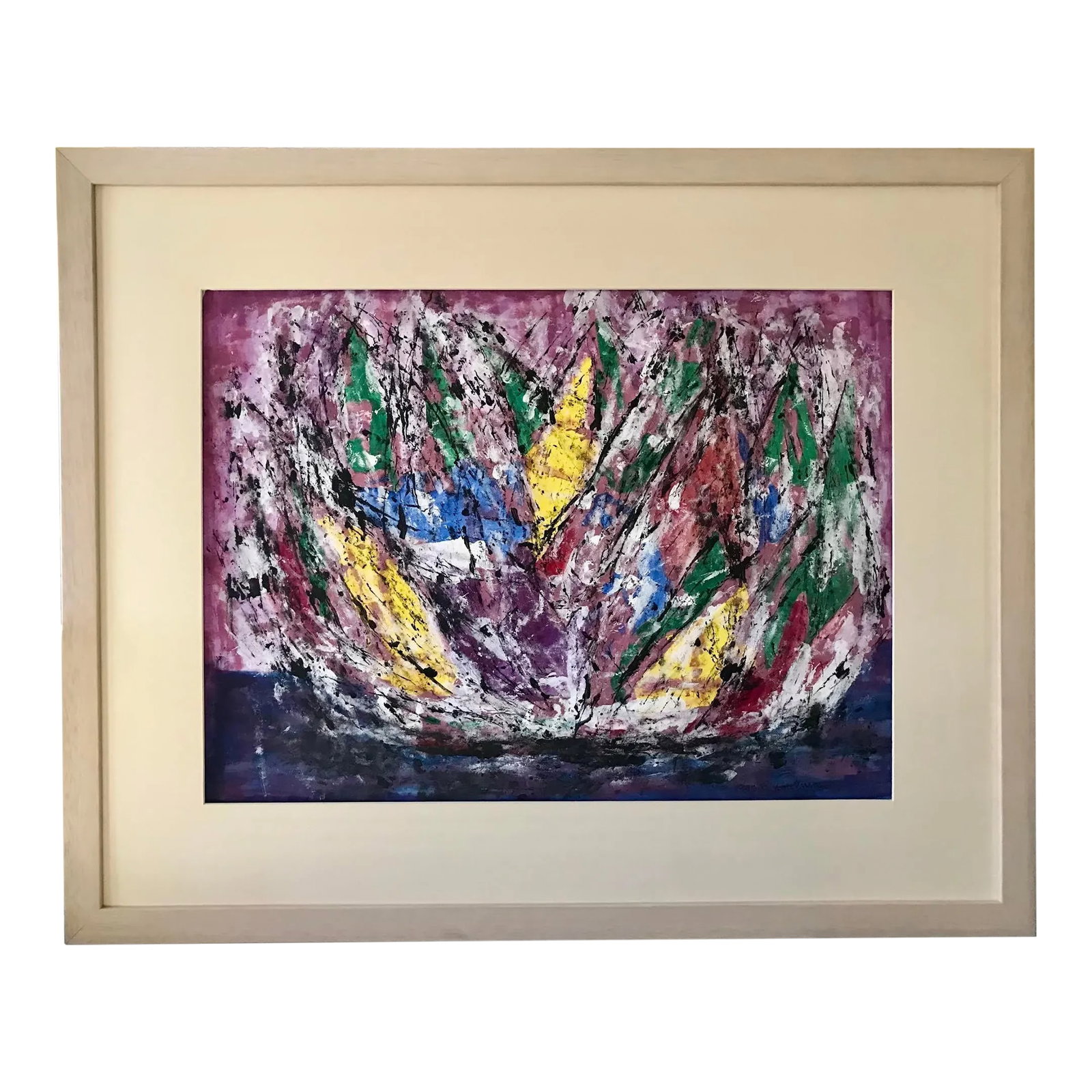 Vintage Modern Abstract Expressionist Painting "Flower Bowl" by Lois Walker: Original American modernist abstract painting oil on heavy paper by Lois Walker signed lower right dated 1990 and titled "Flower Bowl" and initialed on reverse. Image size 17" x 23" framed in a contem