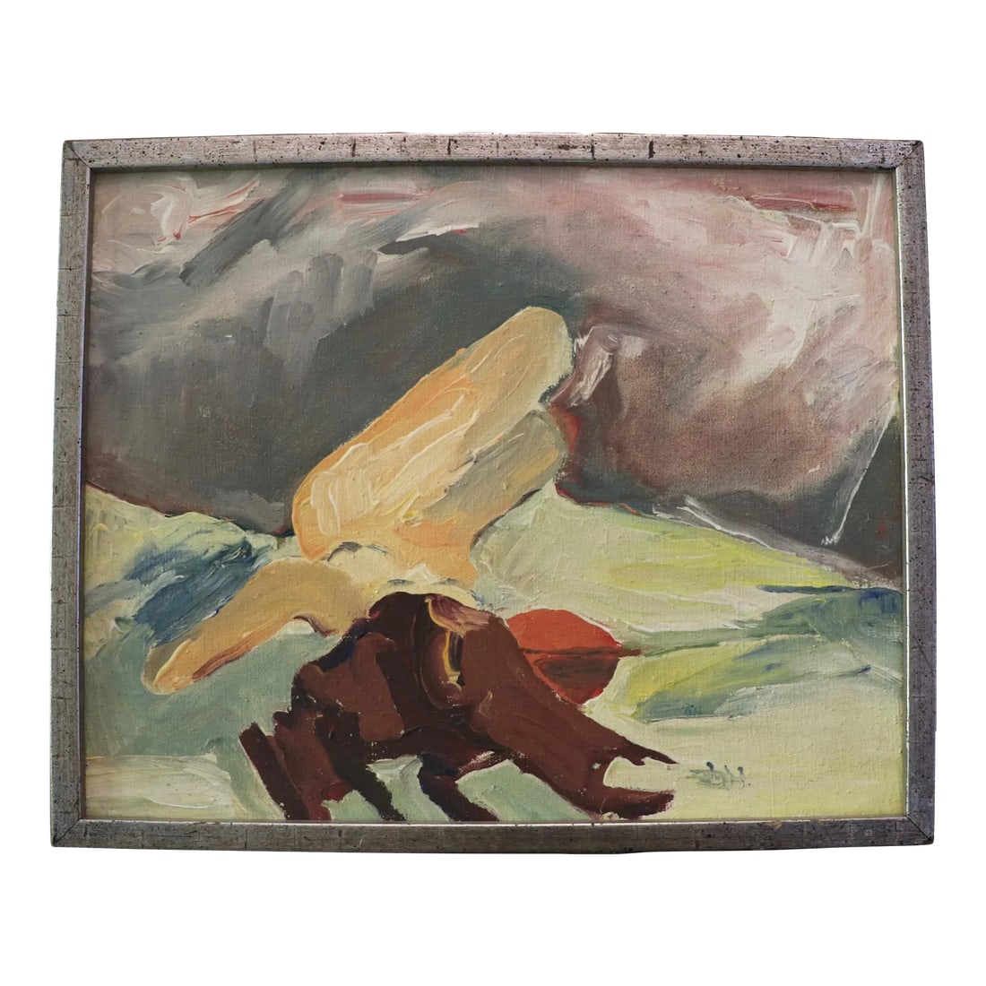 1970s Patricia Gren Hayes Oil on Canvas Abstract Painting: Patricia Gren Hayes (American, b.1932, a Bay Area Figurative/Feminist Art Movement artist who studied at Winnipeg Public Art School in 1950), oil on canvas, abstract landscape with incredible colors, 