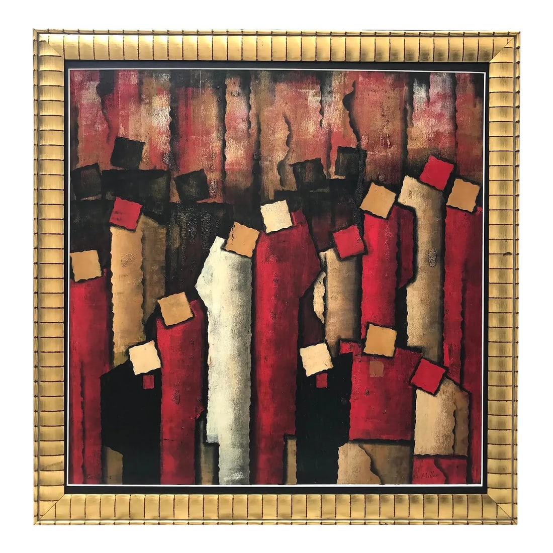 Vintage Modernist Figurative Abstract Painting by Miller: Original vintage modernist abstract figurative painting by Miller titled Eridut 1. Oil and mixed media on heavy paper signed lower right titled lower left. Presented in a fine quality gold gallery fra