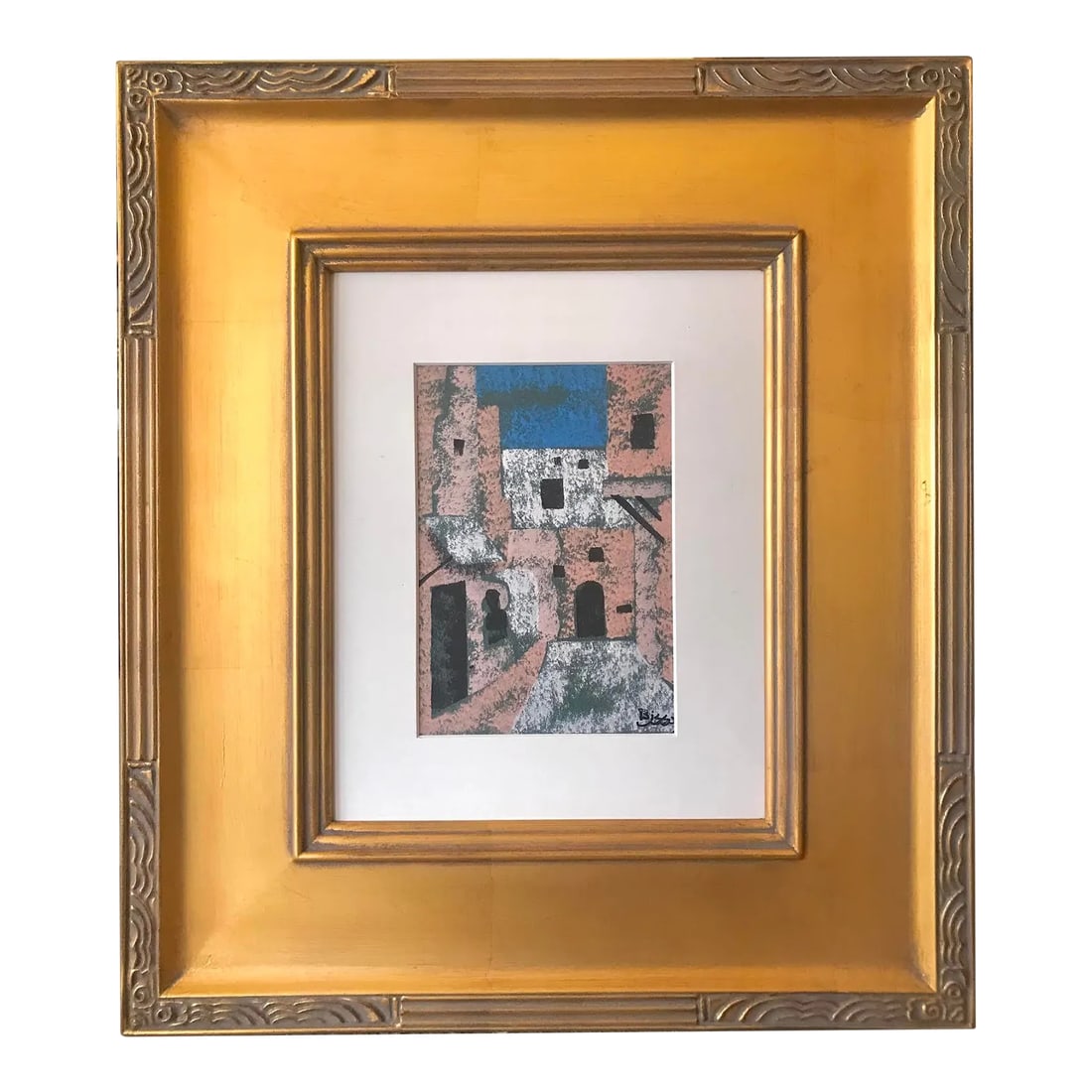 Vintage Modernist Painting of a Italian Mediterranean Village by Cirno Sergio Bissi: Vintage original gouache on paper painting of a Mediterranean village scene by Cirno Sergio Bissi. Signed lower right and presented matted and framed in a quality gallery frame. Image size 4.5" x 6.5"