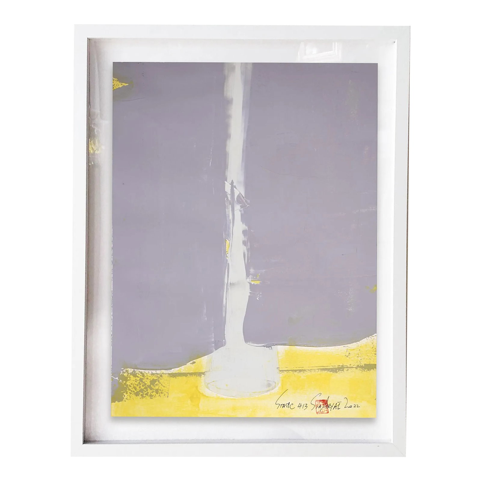 "Static 413" Contemporary Abstract Yellow Parchment Framed Painting: This yellow hand-cut parchment painting with a twist works great as an abstract statement piece everywhere from entryways to guest bedrooms. The painting is a 12.5X16.5" float mount custom-framed in