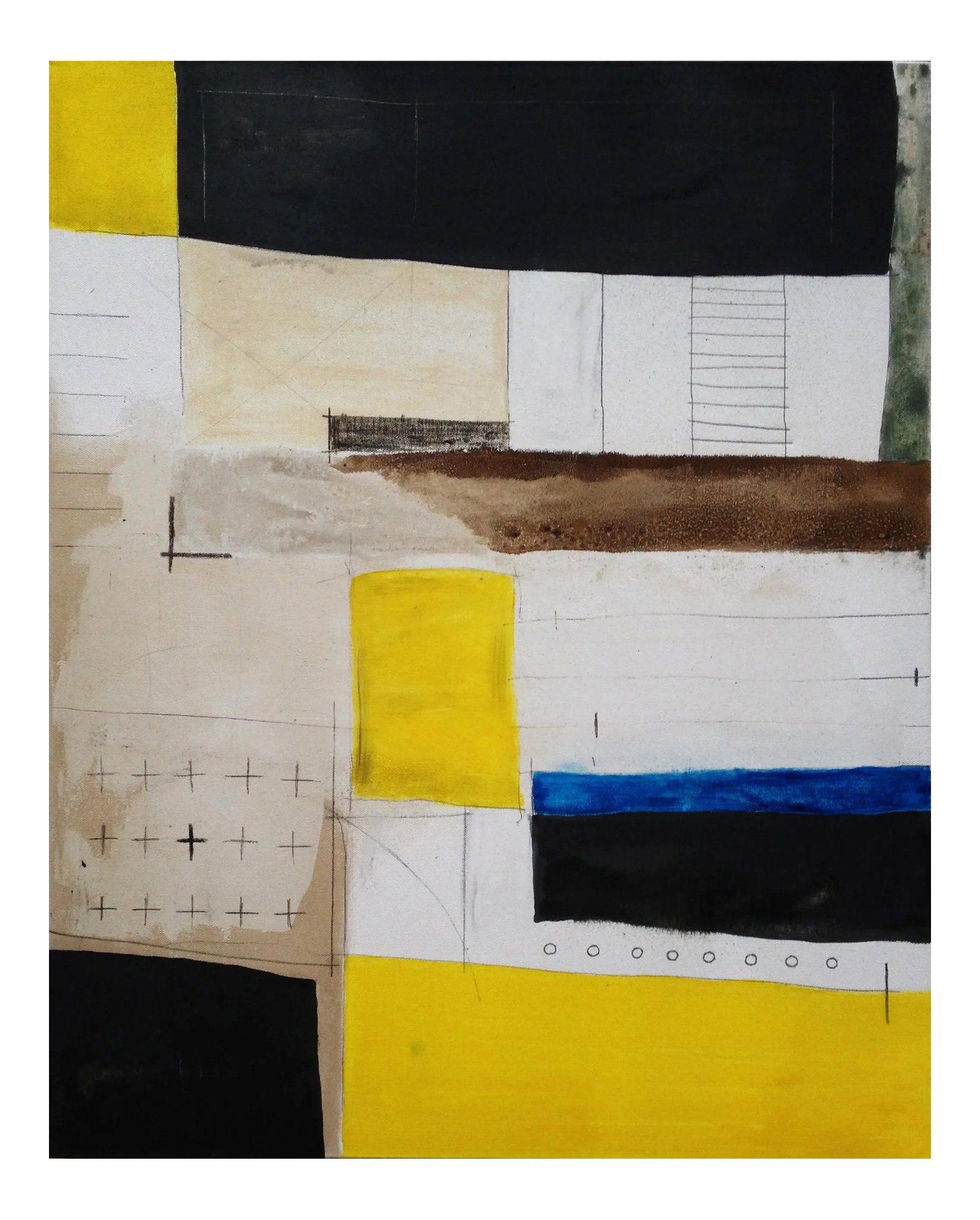 Abstract No. 8 Painting: This painting, from an series of 31 unique collages/paintings, is from 2014. This piece is mixed media (graphite, acrylic, ink, oil, watercolor) on canvas. This piece was on display briefly with an ar