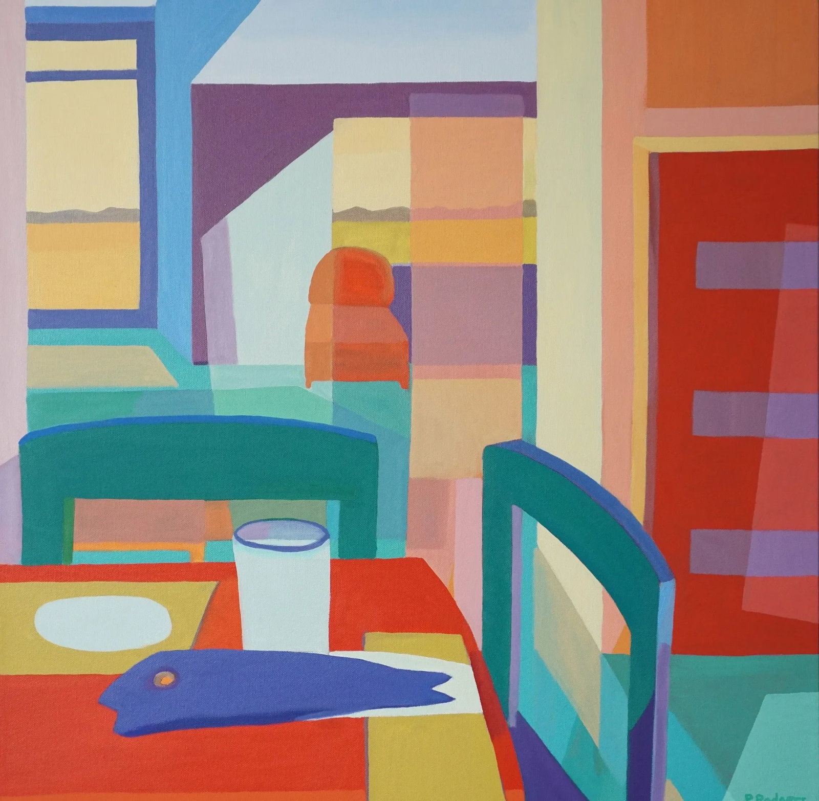 Contemporary Postmodern Geometric Oil Painting of an Interior: Drawings in my sketchbook inspired this work. It is a variation on the theme of an interior with a table and chairs. Here there are subtle color changes between and over the objects in the room repres