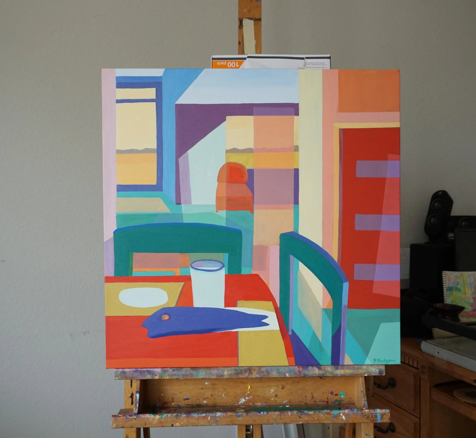 Contemporary Postmodern Geometric Oil Painting of an Interior - 5