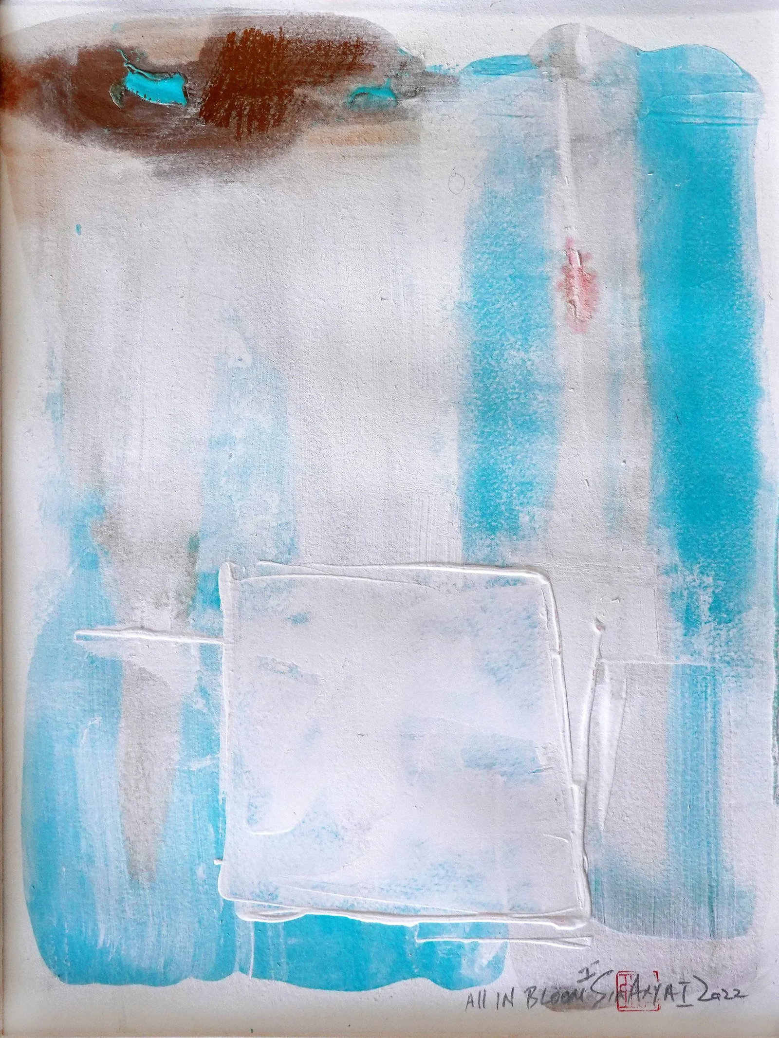 "All in the Bloom.I" Contemporary Original Abstract Sky Blue Mixed-Media Painting, Framed - 2