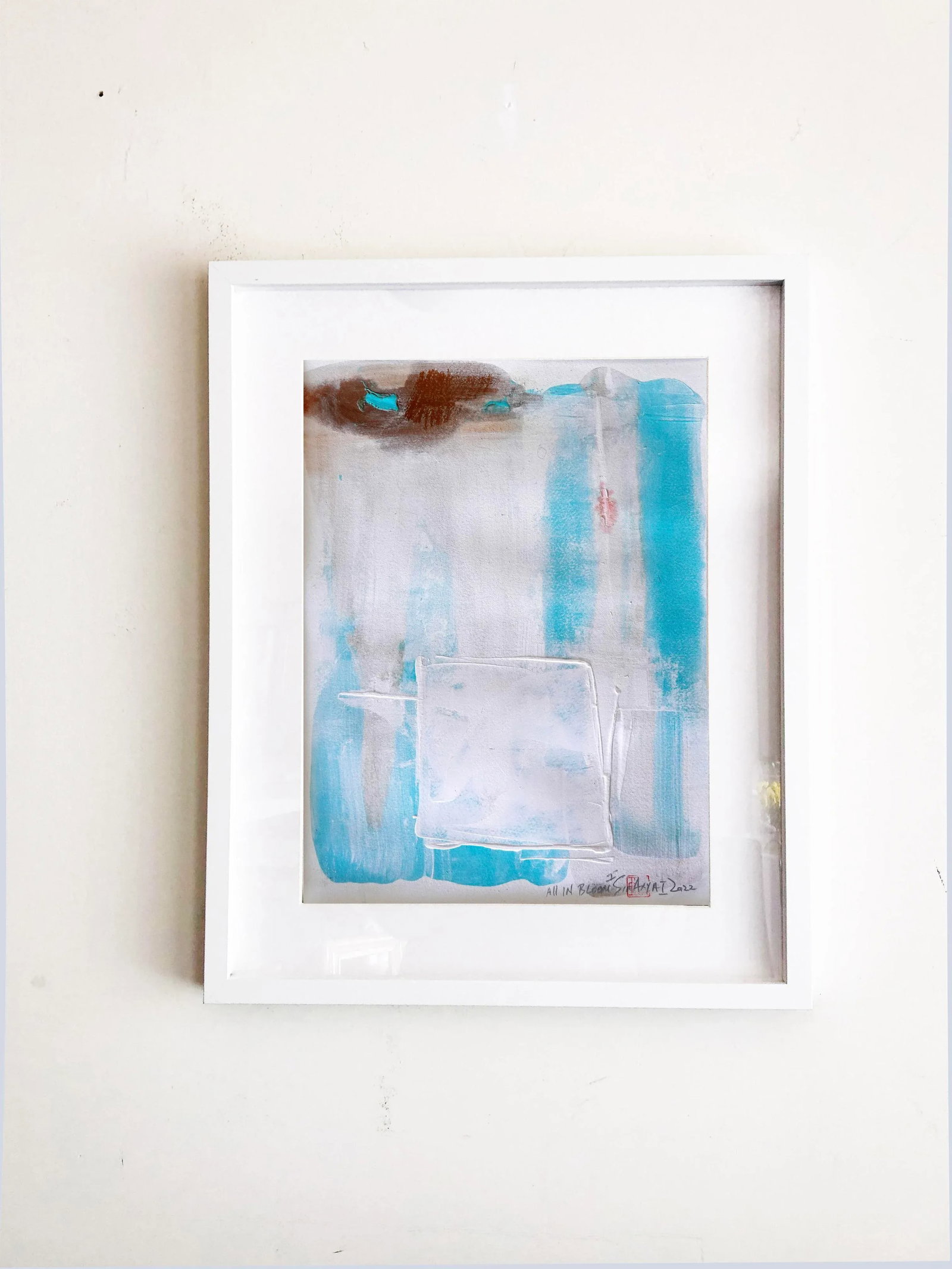 "All in the Bloom.I" Contemporary Original Abstract Sky Blue Mixed-Media Painting, Framed - 5