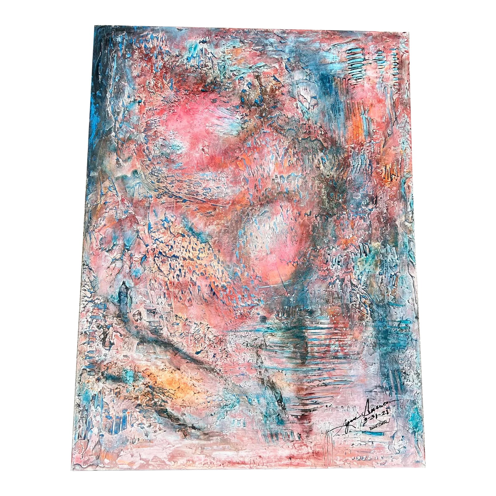 "Blue Coral" Contemporary Abstract Textured Painting on Canvas by Lynne Ancien: Highly Textured and Vibrant Acrylic Gesso and Oil painting in the the abstract style. Titled "Blue Coral" Signed by the Artist Lynne Ancien Condition: Alterations: Original Condition Unaltered Imperfe