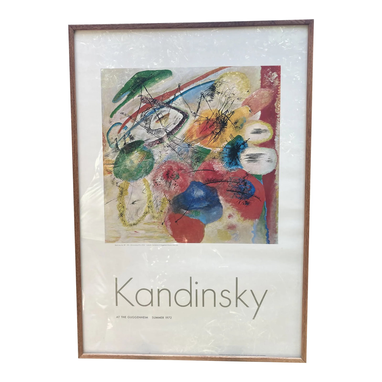 1972 Ltd Ed Kandinsky Guggenheim Summer Vintage Exhibition Poster - Black Lines Lithograph 50th Anni: Vintage 1972 Framed Guggenheim Museum Exhibition Poster featuring Kandinsky's Black Lines (Schwarze Linien) from 1913. This is the 50th anniversary of the Guggenheim Museum Summer 1972 Kandinsky exhib