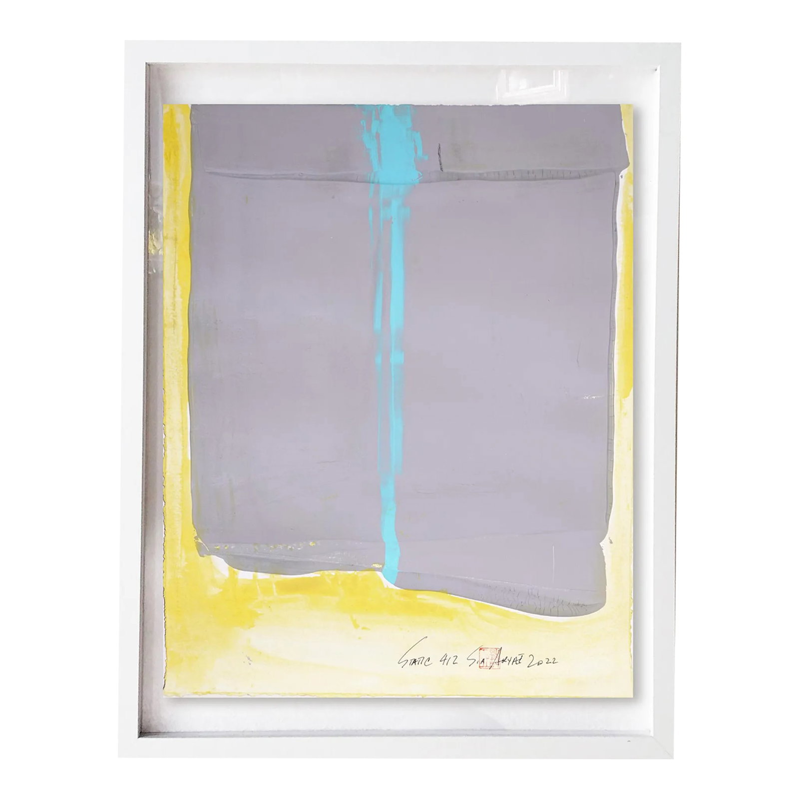 "Static 412" Contemporary Abstract Sky Blue Framed Painting: This sky blue, brushstroke hand-cut parchment with a twist works great as an abstract statement piece everywhere from entryways to guest bedrooms. The painting is a 12.5X16.5" float mount