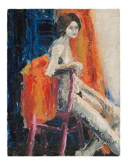 1990s "Swan" Abstract Figurative Female Nude Oil Painting: Wonderful abstract expressionist nude with heavy impasto of seated woman. Bay area find. Signed on verso "Swan," circa 1990. Unframed. Image size: 24"H x 18"W. Condition: Alterations: Restored Imperfe
