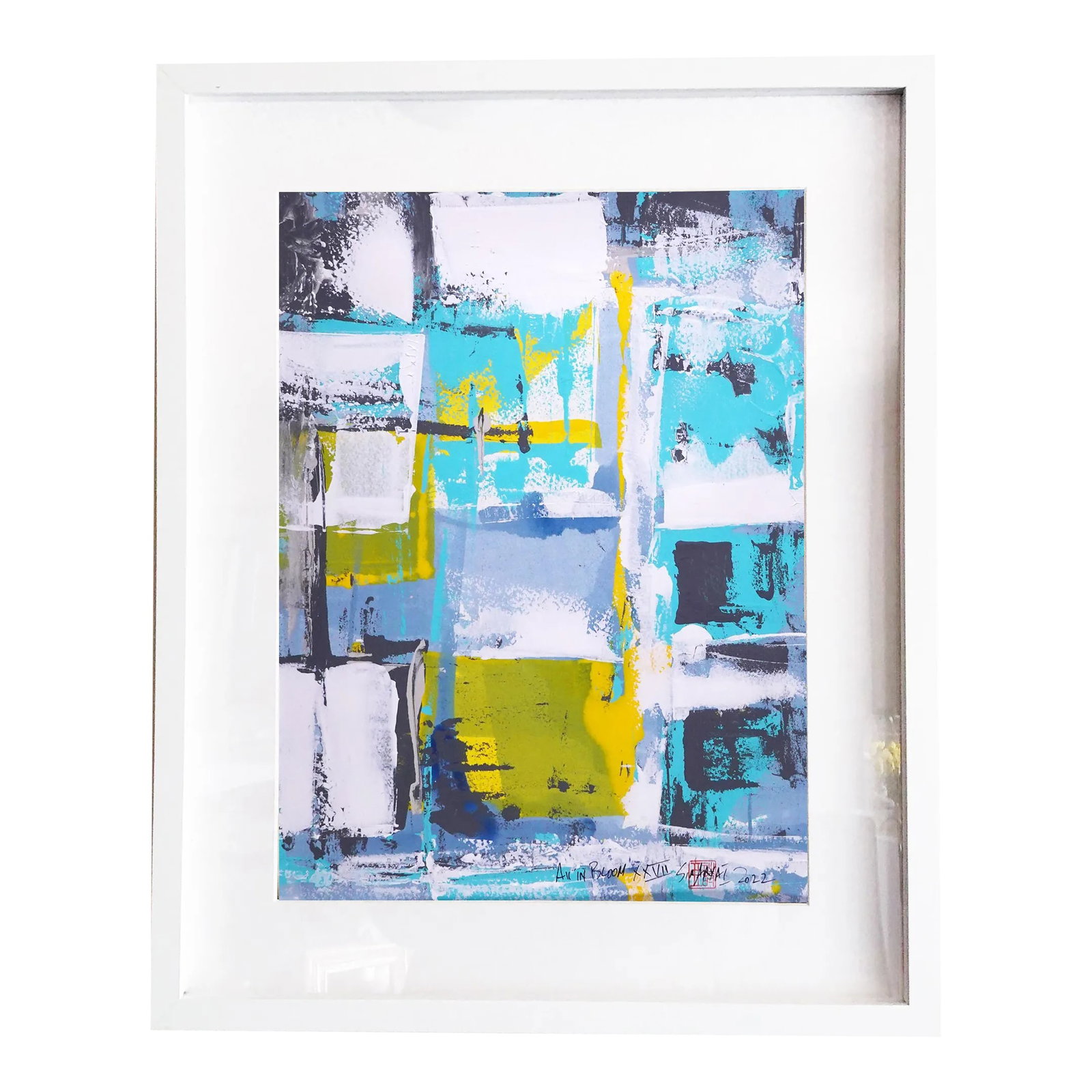 "All in Bloom. XXVII" Contemporary Original Abstract Modern Mixed-Media Painting, Framed: ALL IN BLOOM: This bold, brushstroke hand-cut parchment works great as an abstract statement piece everywhere from entryways to guest bedrooms. The painting is 14X18" custom-framed in a 17X21X1.2" whi