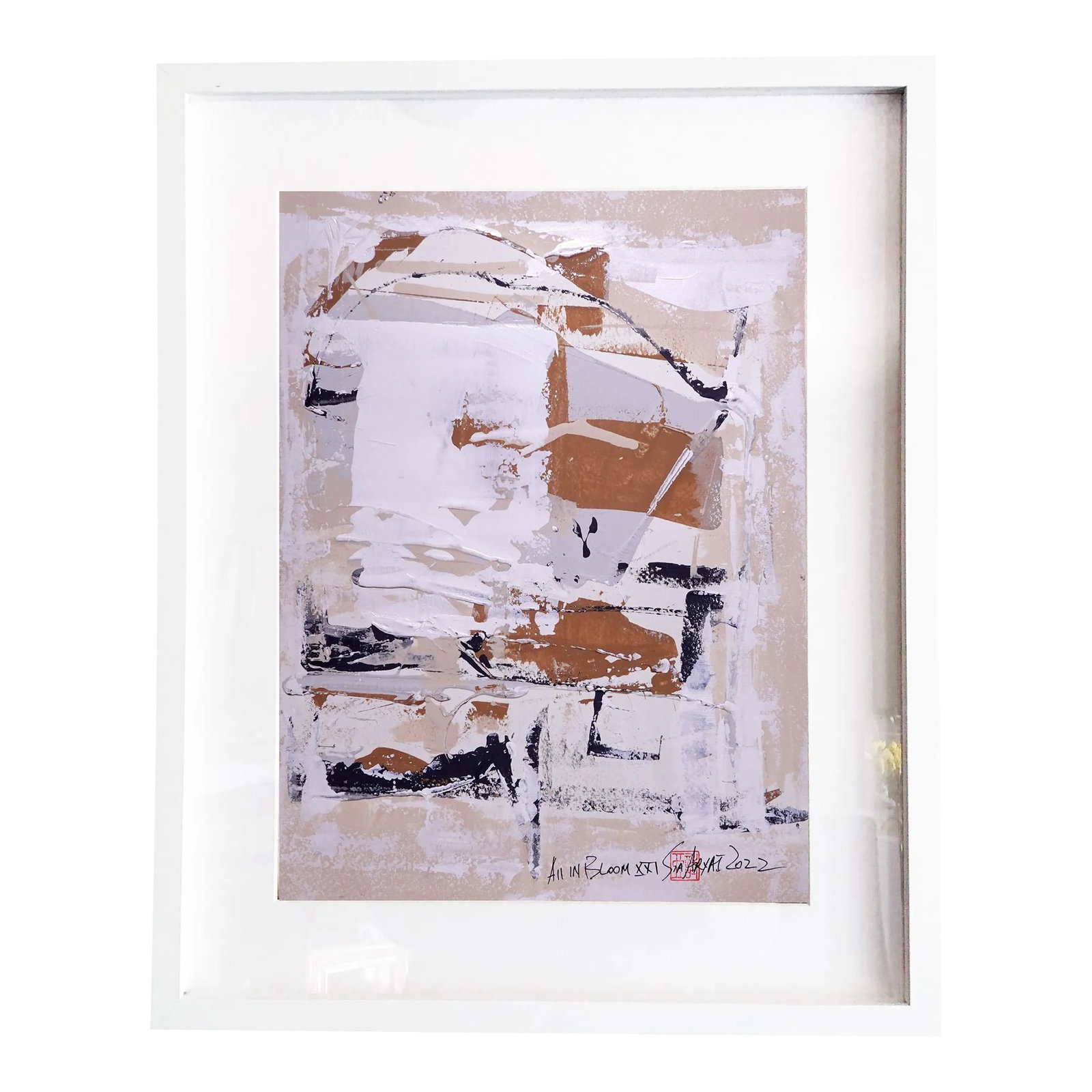 "All in Bloom. XXI" Contemporary Abstract Original Mixed-Media Painting, Framed: ALL IN BLOOM: This bold, brushstroke hand-cut parchment works great as an abstract statement piece everywhere from entryways to guest bedrooms. The painting is 14X18" custom-framed in a 17X21X1.2" whi