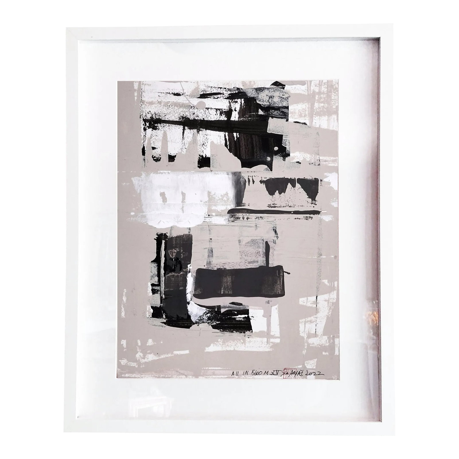 "All in Bloom XV" Contemporary Abstract Original Painting, Framed: ALL IN BLOOM: This bold, brushstroke hand-cut parchment works great as an abstract statement piece everywhere from entryways to guest bedrooms. The painting is 14X18" custom-framed in a 17X21X1.2"