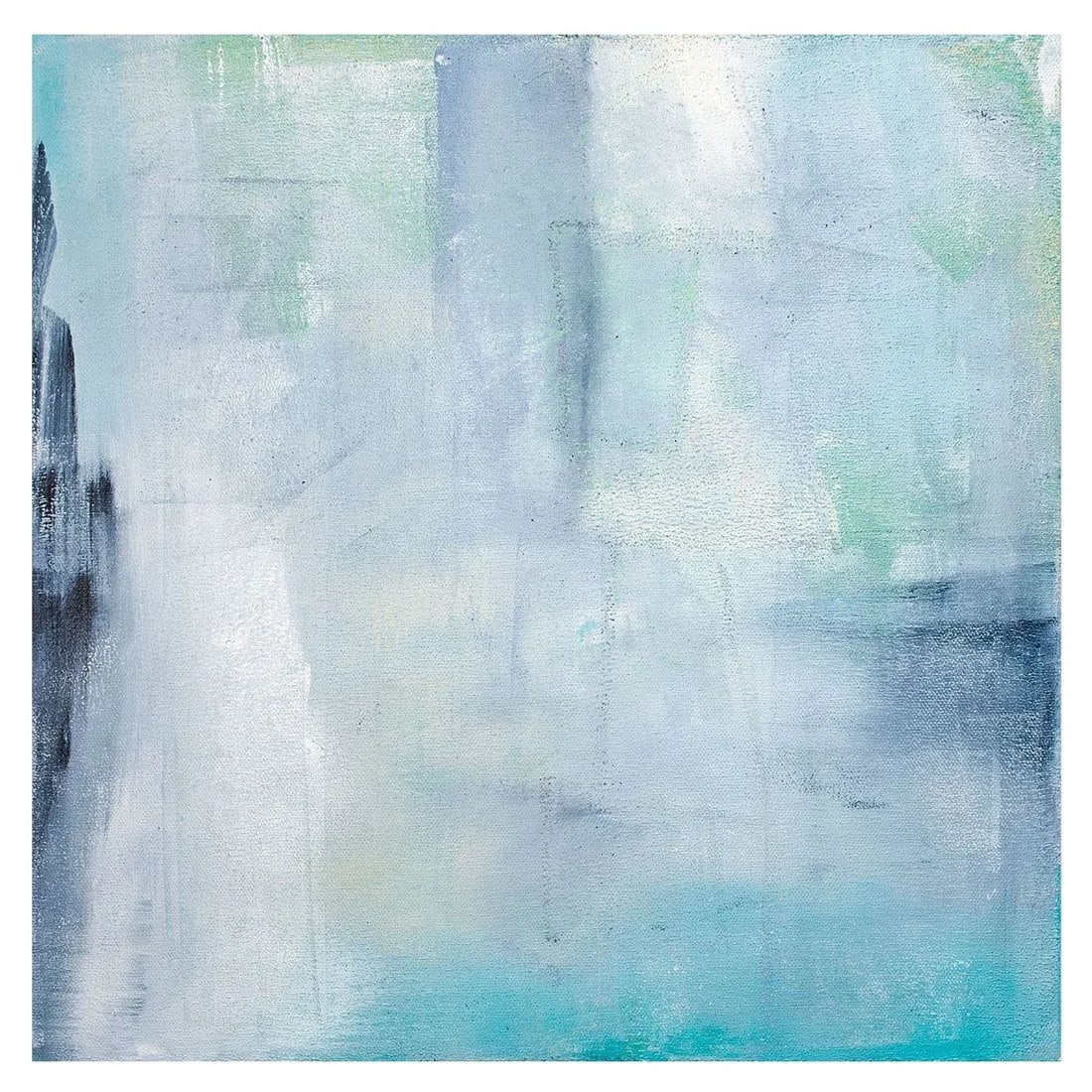 Original Painting - Sea Smoke by Julia Contacessi: Soft, smoky blues, greens and tones of cream and white layer with a touch of deep gray and meld into this abstract piece creating depth and intrigue. The gallery wrapped canvas has silver painted edge