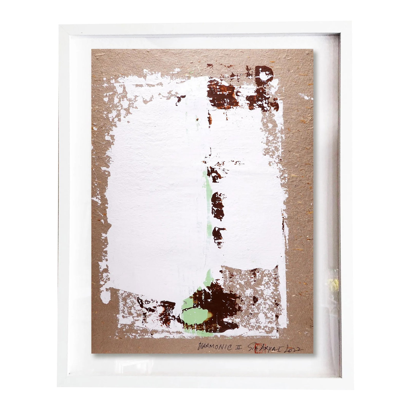 "Harmonic.II" Contemporary Original Abstract Acrylic Painting on Handmade Paper, Framed: Stunning shades of green are contrasted and complemented by brown with a twist in this one of a kind abstract minimal painting Painting is 14X18 acrylic on hand-made Asian parchment. Float mount