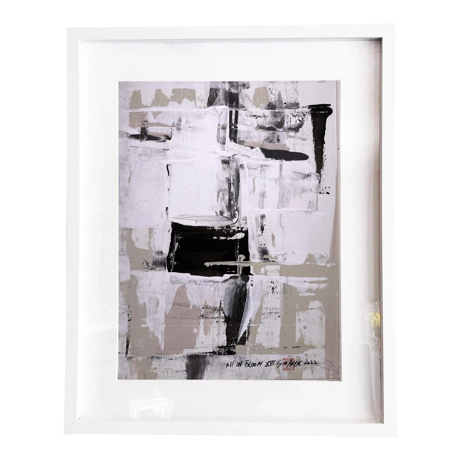 "All in Bloom. XVI" Contemporary Original Abstract Camel Tone Painting, Framed: ALL IN BLOOM: This bold, brushstroke hand-cut parchment works great as an abstract statement piece everywhere from entryways to guest bedrooms. The painting is 14X18" custom-framed in a 17X21X1.2"