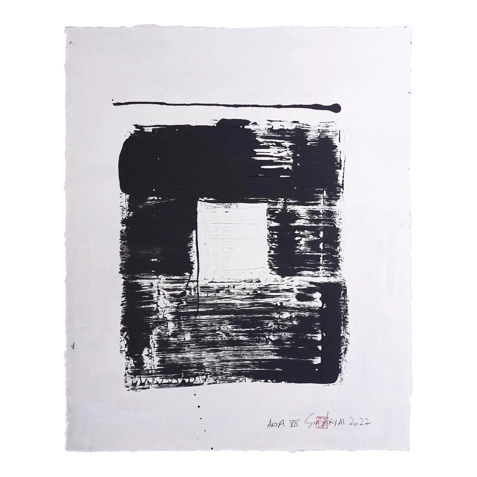 Aria.VII Abstract Framed Minimal Black and White Painting: This lively original painting on hand-cut heavy stock brings a pop of life to any room. The painting is 16X22" and comes float mount custom-framed in a 20X28X1.2" white shadow box. Signed, dated, and