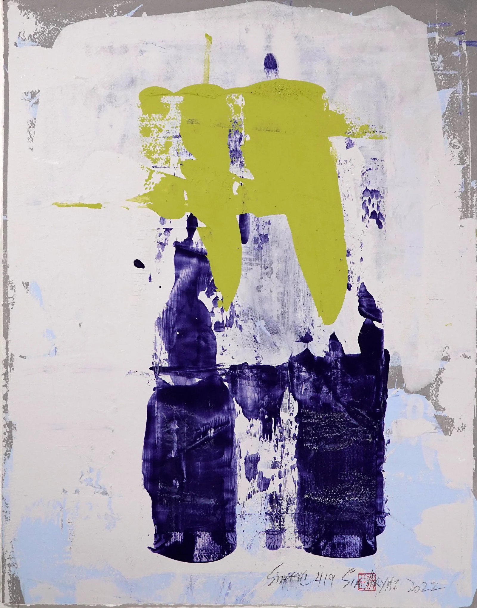 Static 419 Framed Abstract Blue/Green Painting: Abstract vibrant Yellow and green Framed Painting with a twist shades of green are contrasted and complemented by blue in this one-of-a-kind abstract painting. The painting is 16X20" and comes float