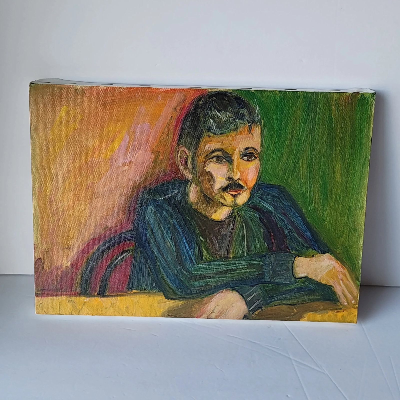 Fauvist Portrait Oil Painting of a Man Wearing Blue Sitting at a Table by Rosemary Rabut - 3