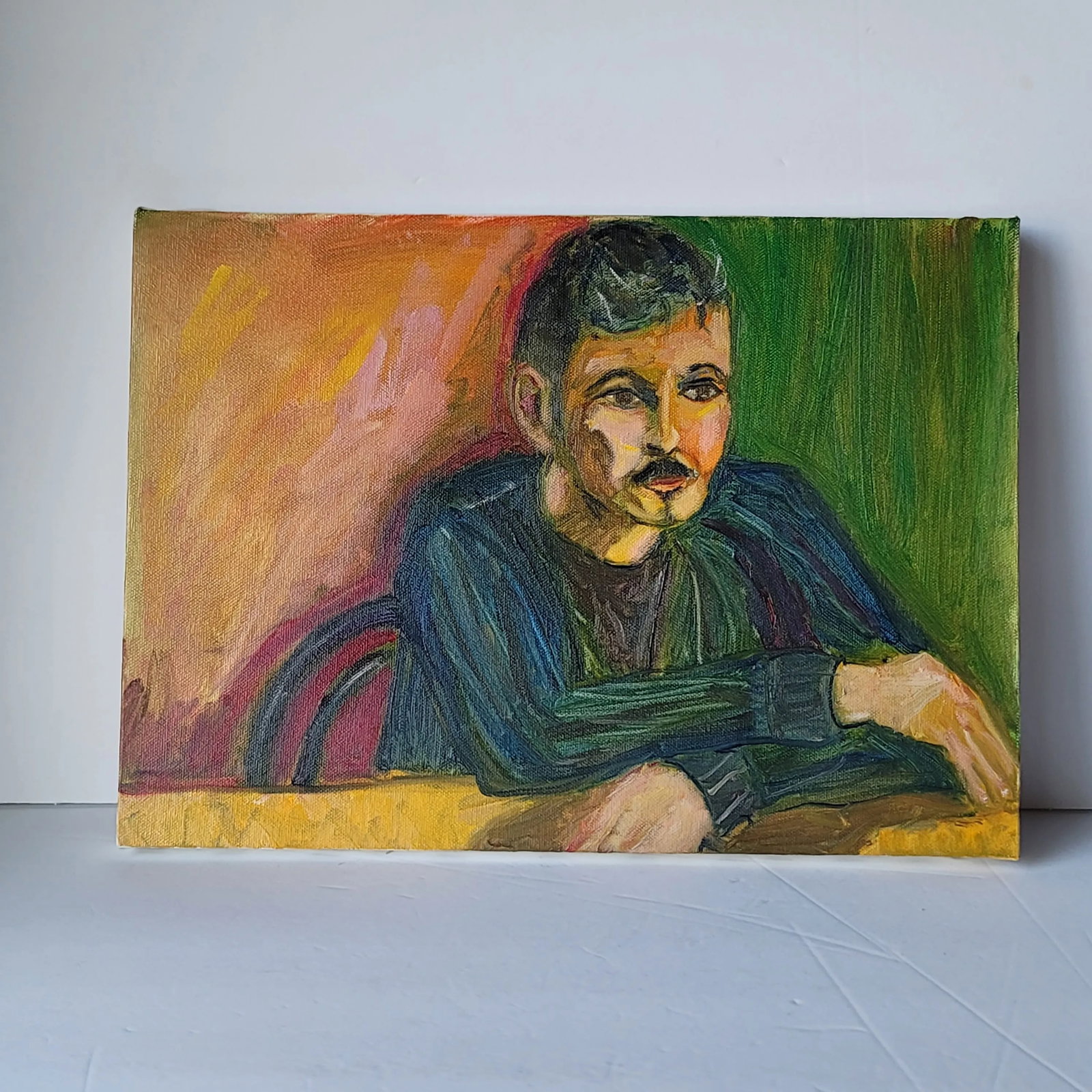 Fauvist Portrait Oil Painting of a Man Wearing Blue Sitting at a Table by Rosemary Rabut - 6